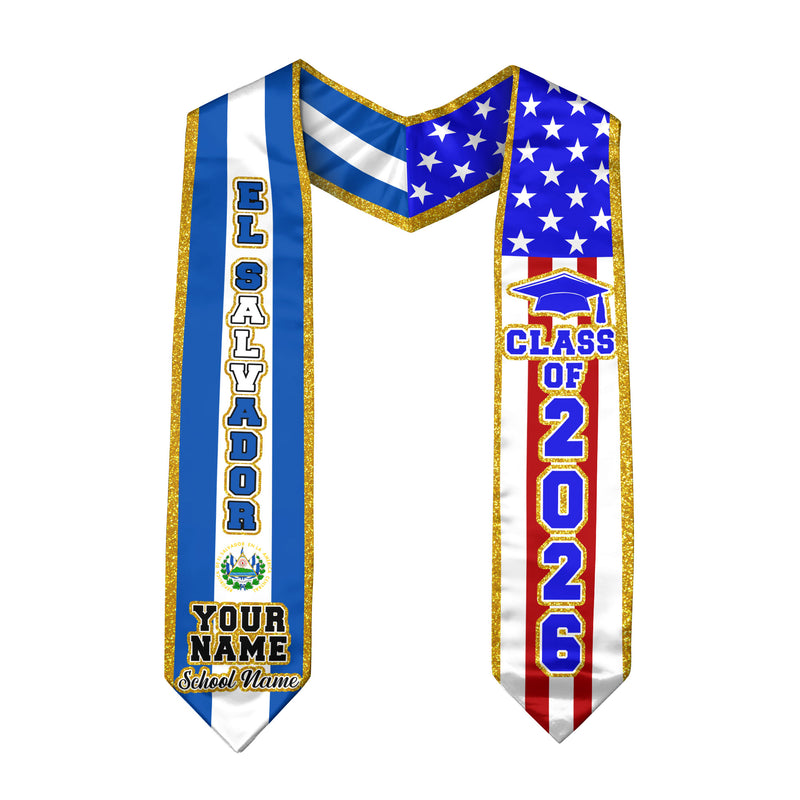 El Salvador Flag Graduation Sash 2026, Personalized Stole, Custom Detail