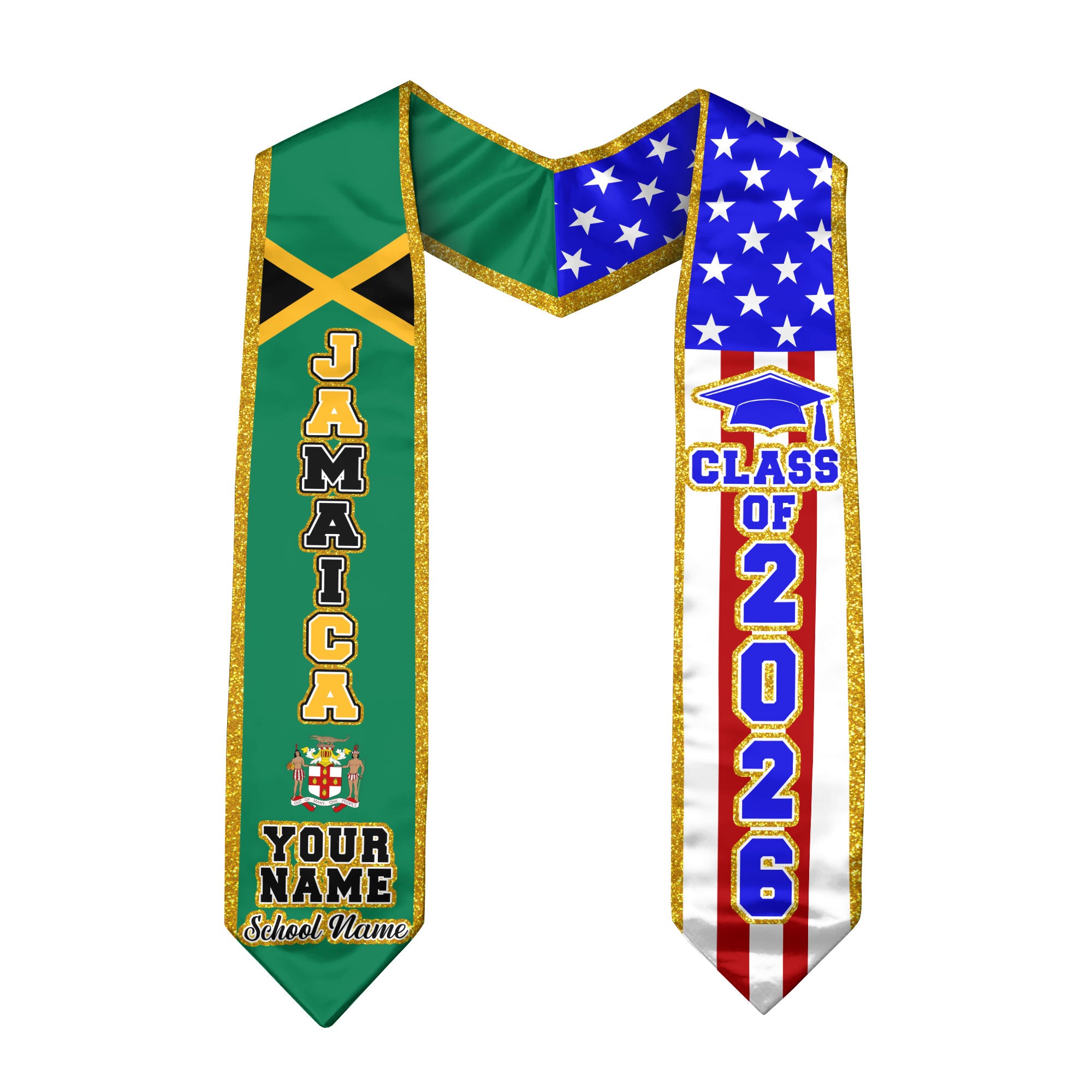 Jamaica Flag Graduation Stole 2026, Jamaican Sash, Personalized Detail