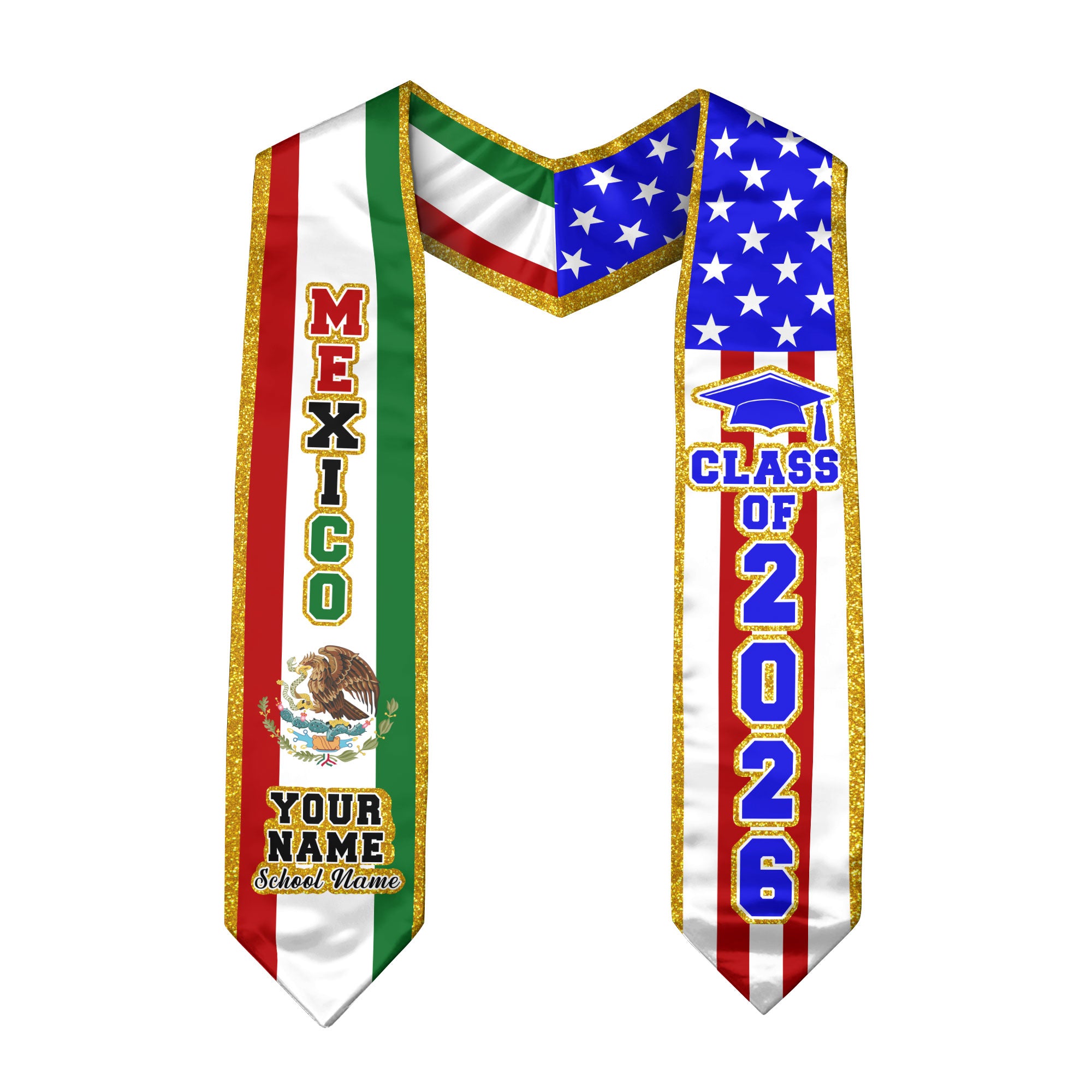 Mexico Graduation Stole 2026, Mexican Flag Sash, Personal Detail Option for Proud Grads