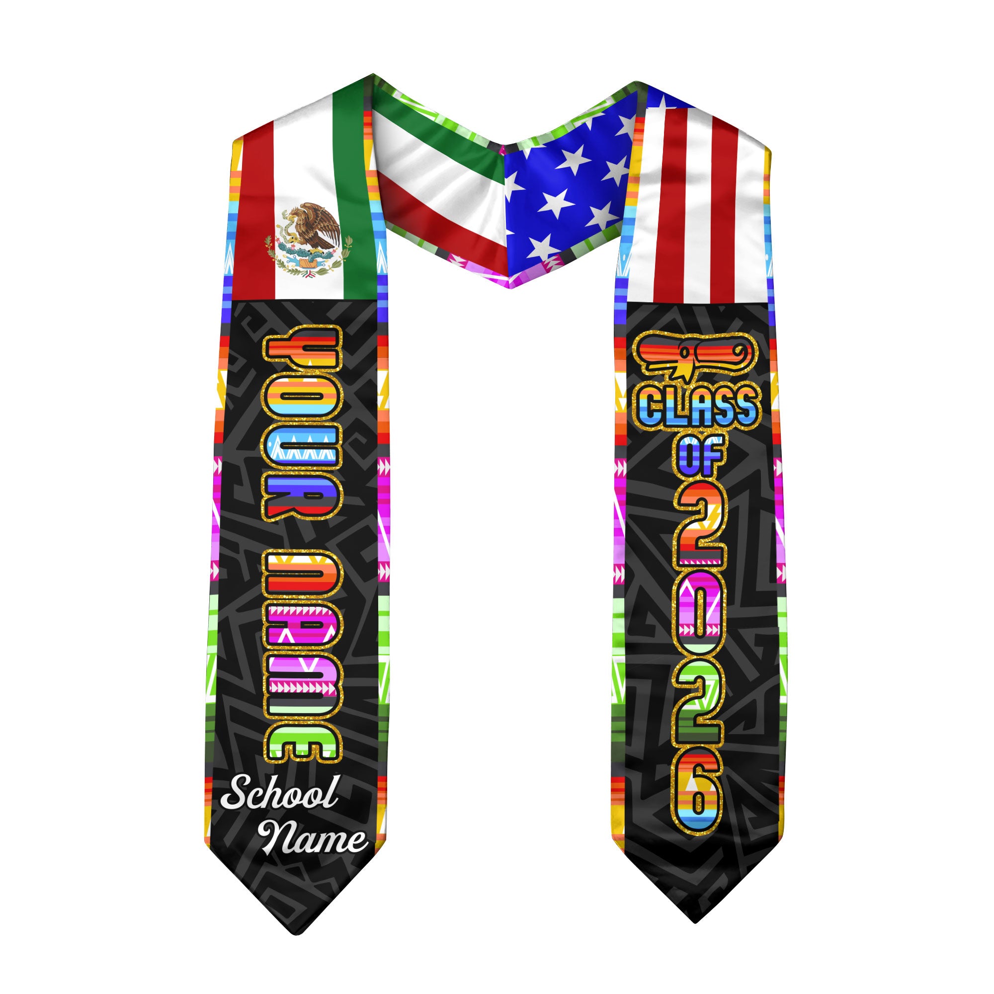 2026 Mexico Graduation Stole, Mexican American Flag Sash, Add a Personal Detail Option