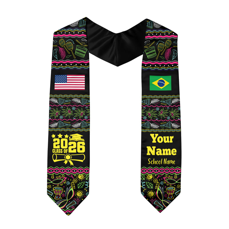 Customized Brazil Graduation Stole Featuring National Flag Motif, Graduation Sash for Class of 2026
