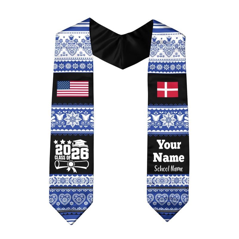 Customized Denmark Graduation Stole Featuring National Flag Motif, Graduation Sash for Class of 2026