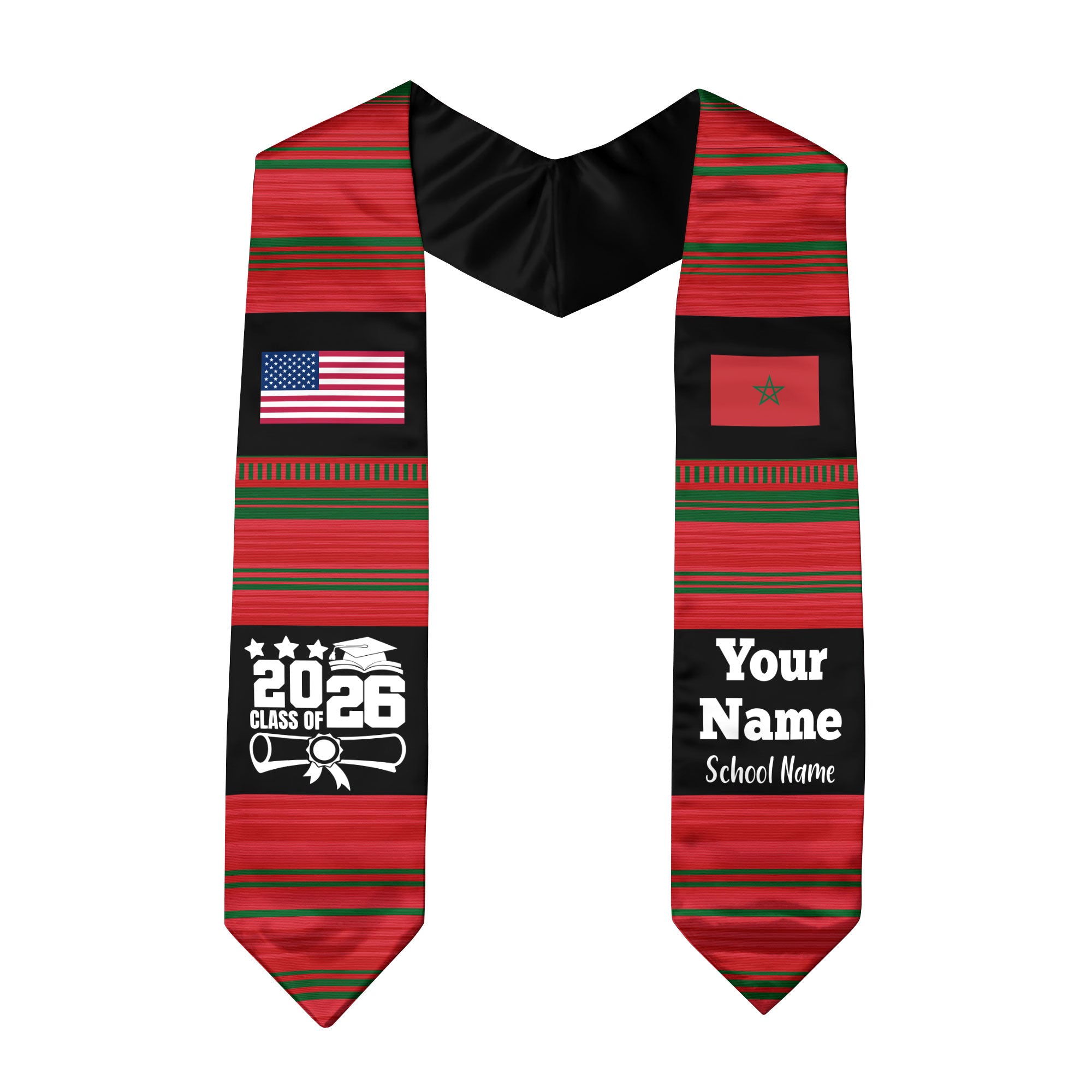 Customized Morocco Graduation Stole Featuring National Flag Motif, Graduation Sash for Class of 2026