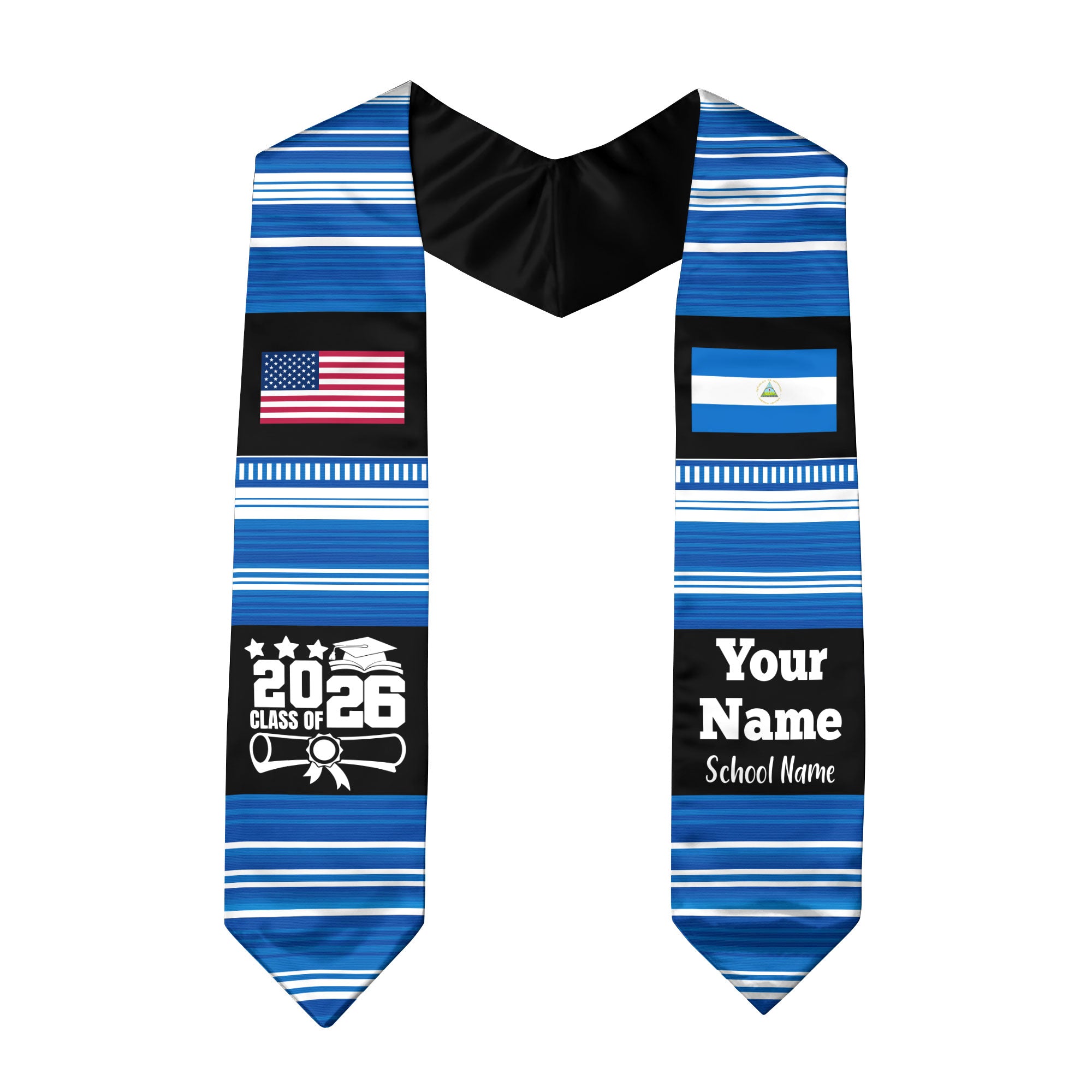 Customized Nicaragua Graduation Stole Featuring National Flag Motif, Graduation Sash for Class of 2026