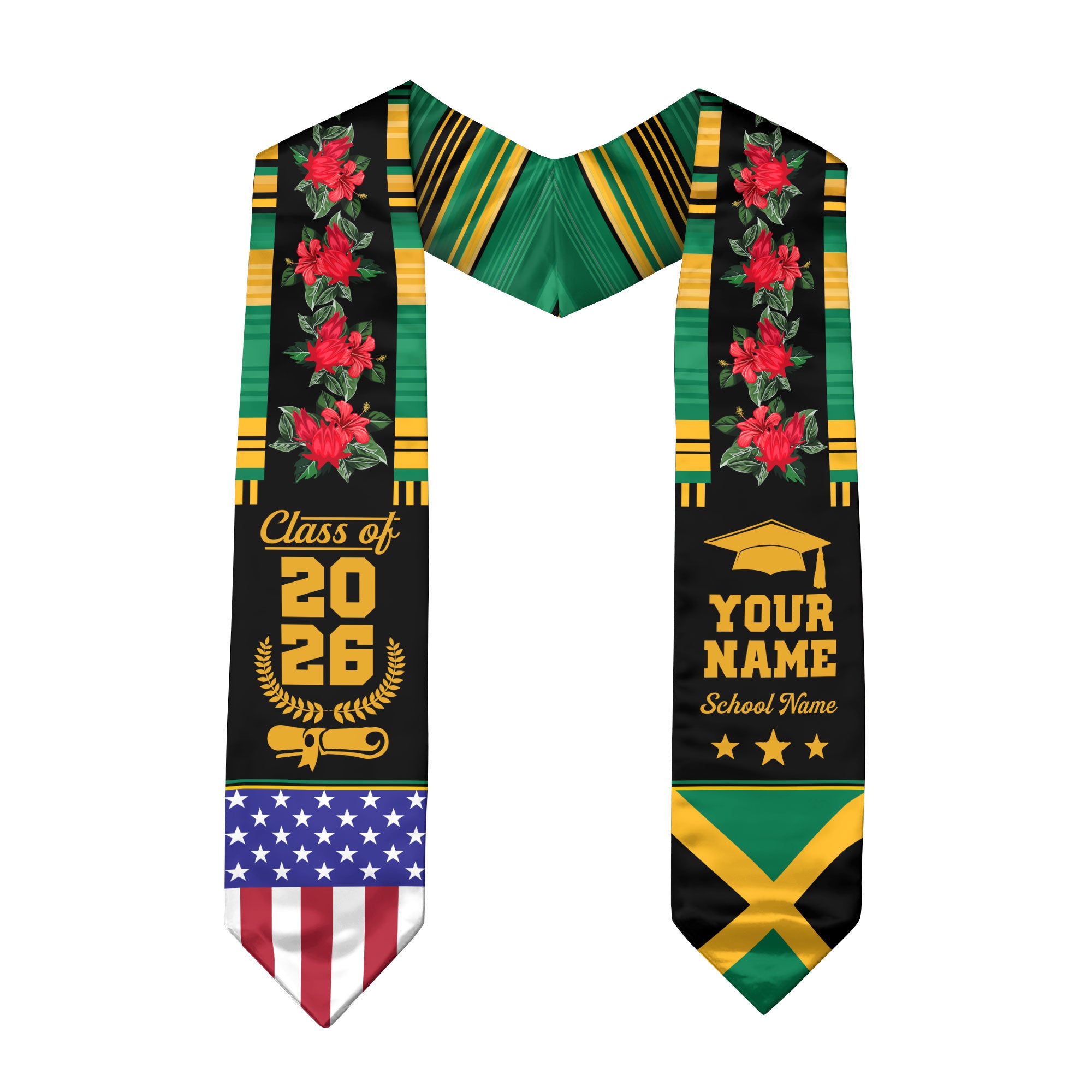 Jamaica Graduation Stole 2026, Jamaican Flag Sash, Add Your Personal Detail
