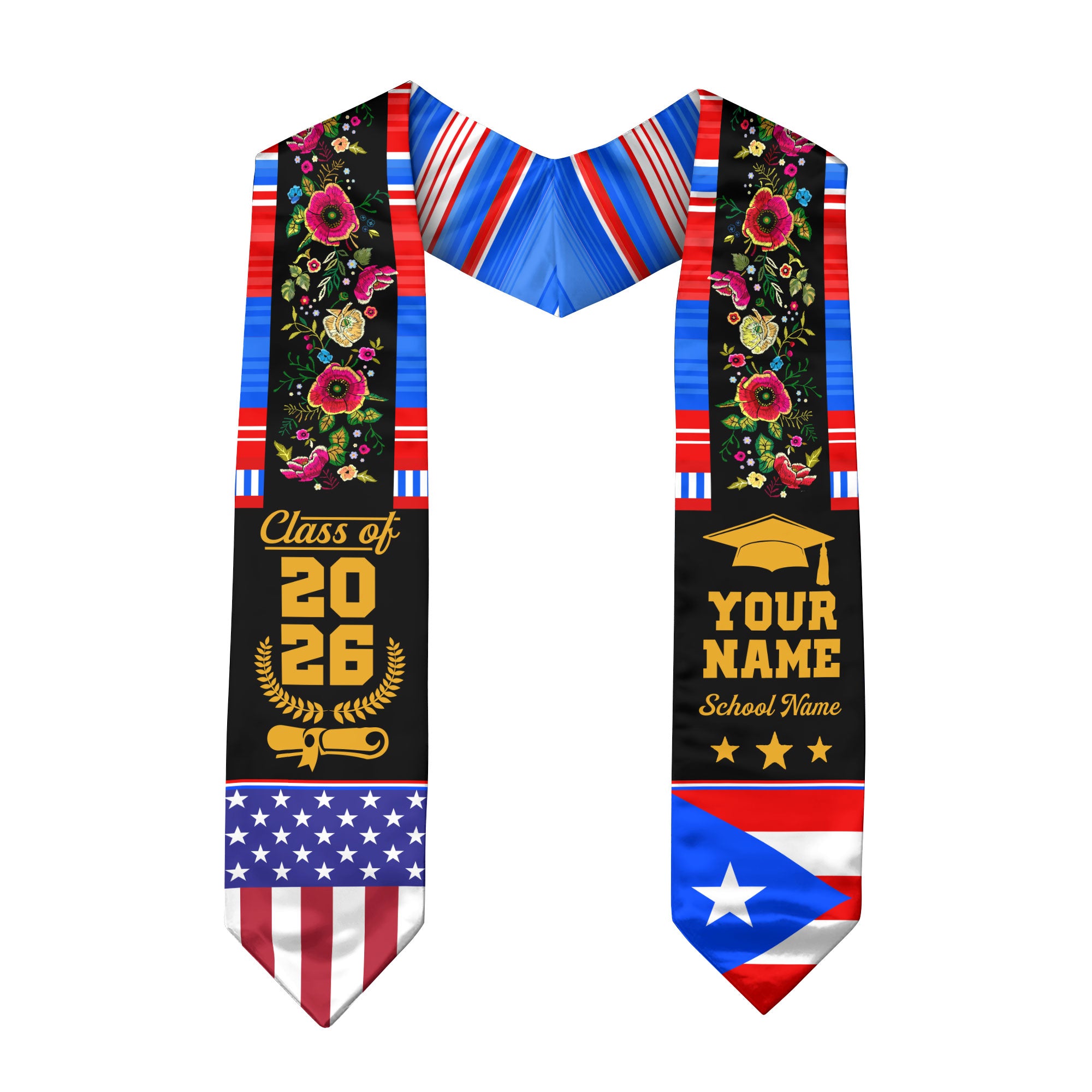 Puerto Rico Graduation Sash 2026, Puerto Rican Flag Stole, Personal Detail Option