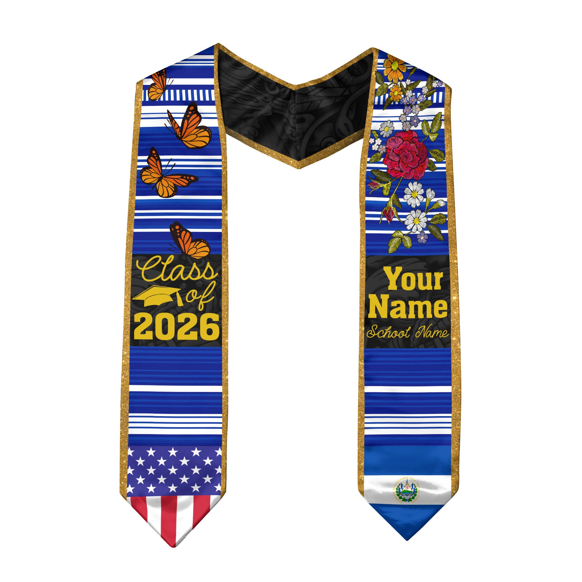 2026 El Salvador Flag Graduation Sash, El Salvador Stole, Personal Detail Option