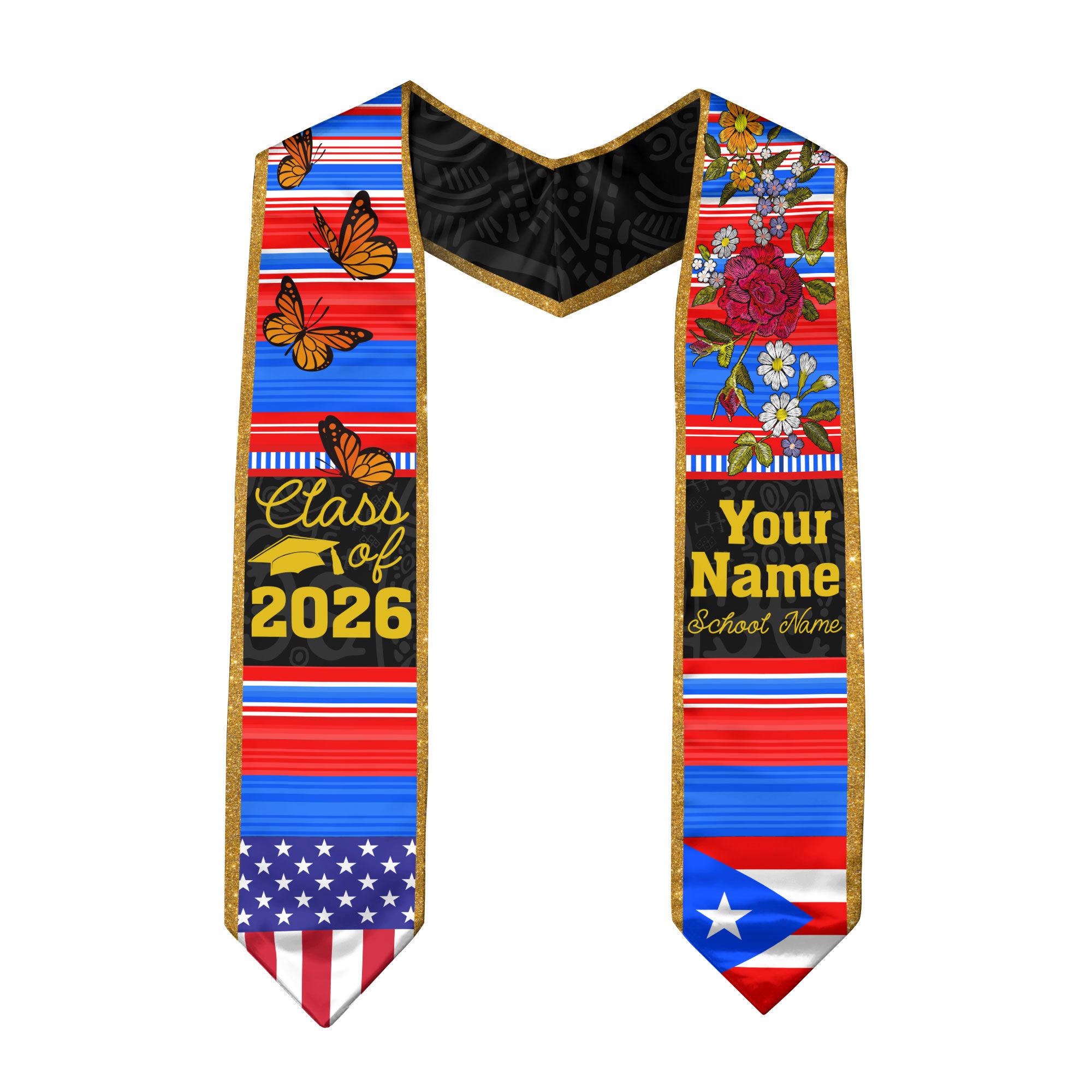 2026 Puerto Rico Flag Graduation Stole, Puerto Rican Sash, Personalized Detail