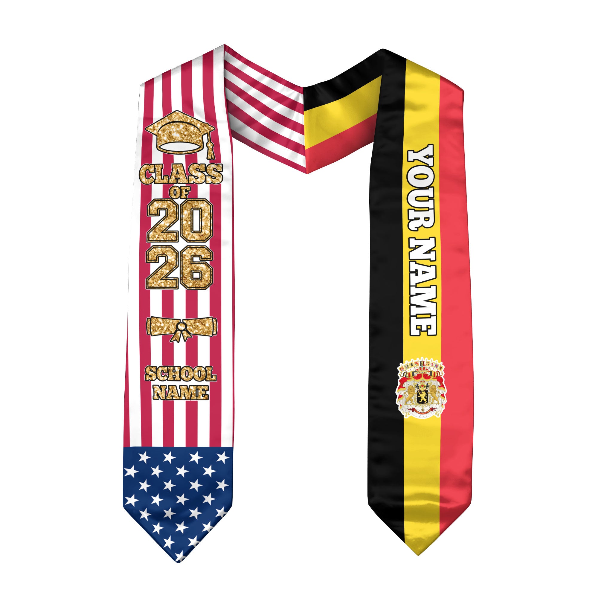 Customized Belgium Graduation Stole with National Flag Detail, Graduation Sash 2026, Class of 2026