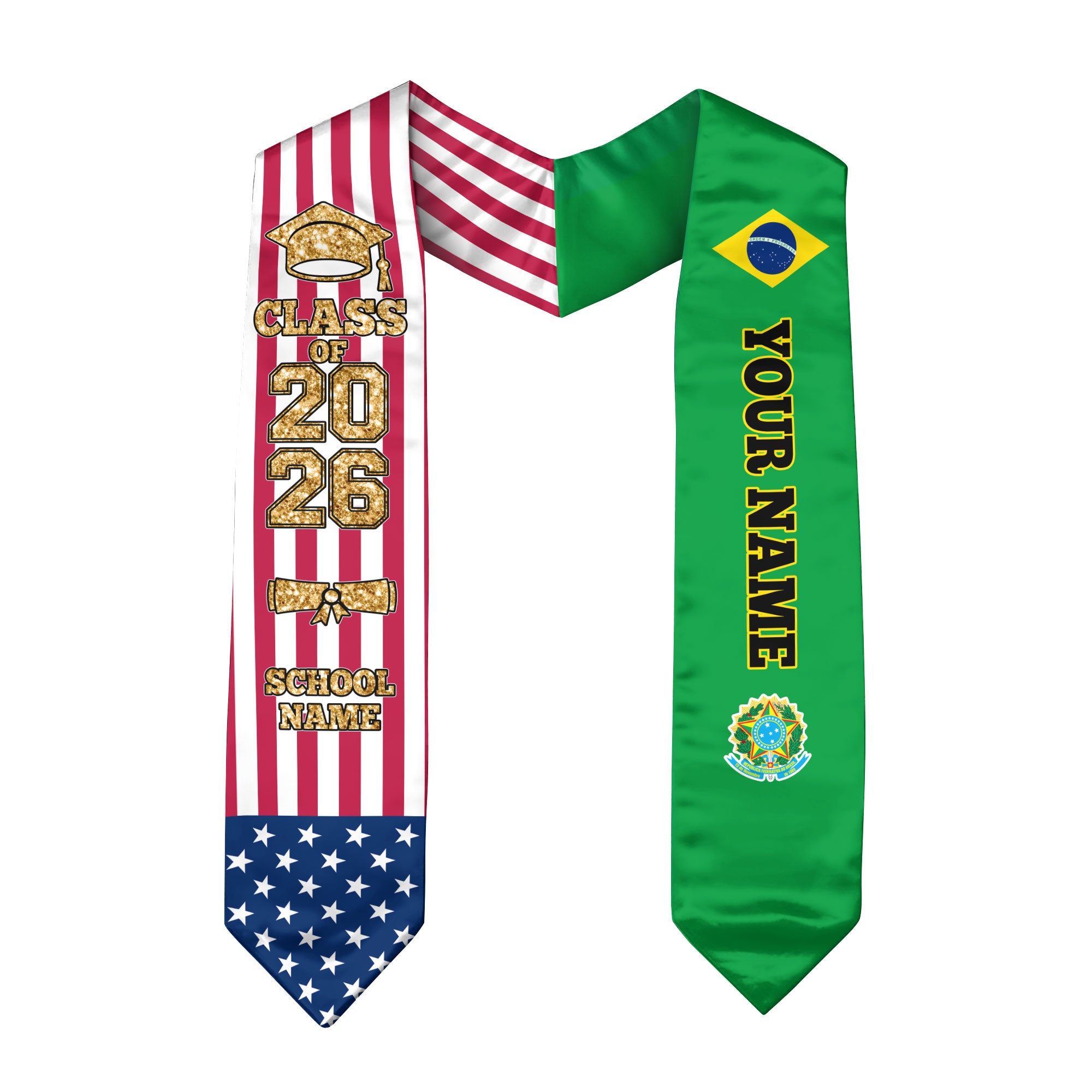 Customized Brazil Graduation Stole Featuring Brazilian Flag Colors, Graduation Sash 2026, Class of 2026