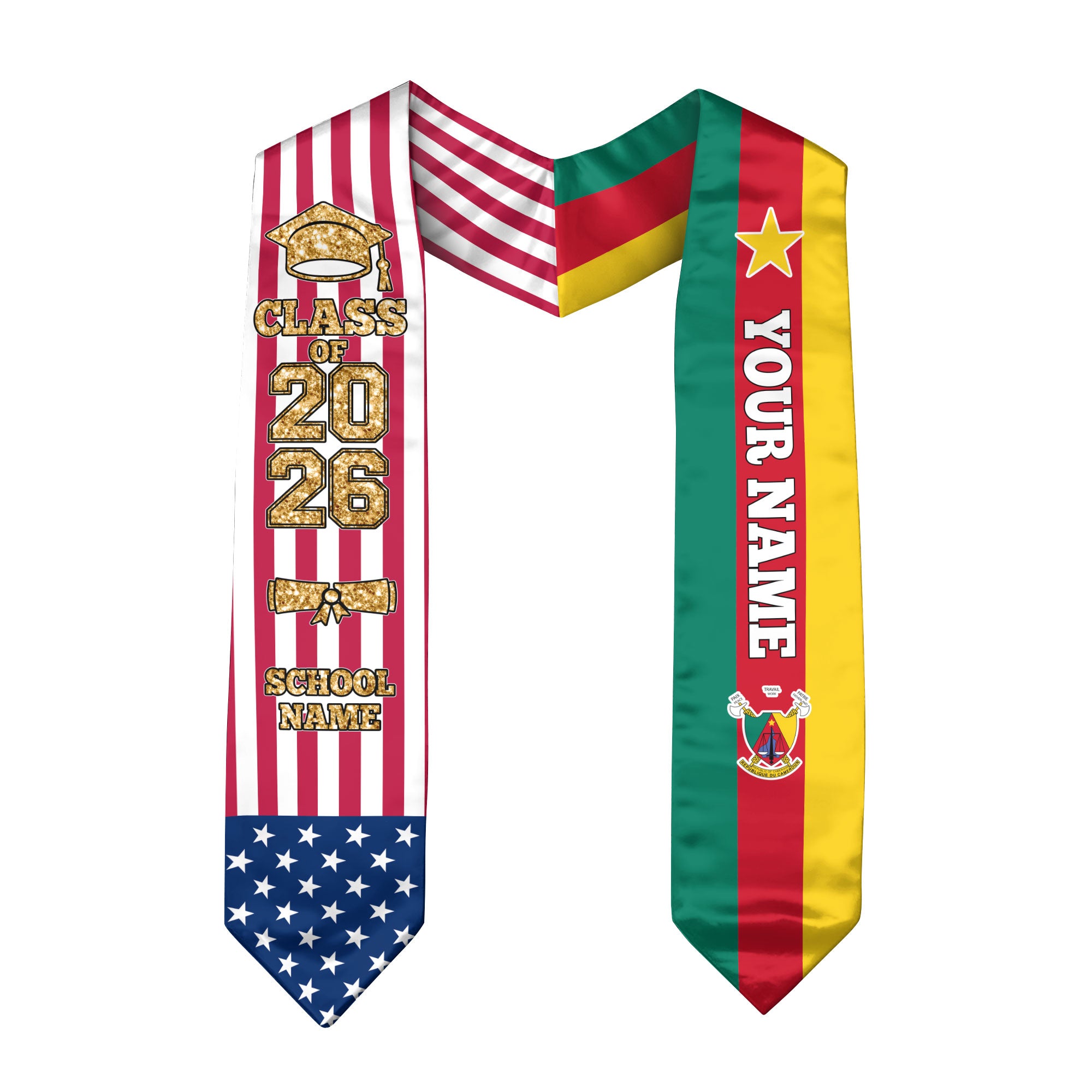 Customized Cameroon Graduation Stole with National Flag Feature, Graduation Sash 2026, Class of 2026