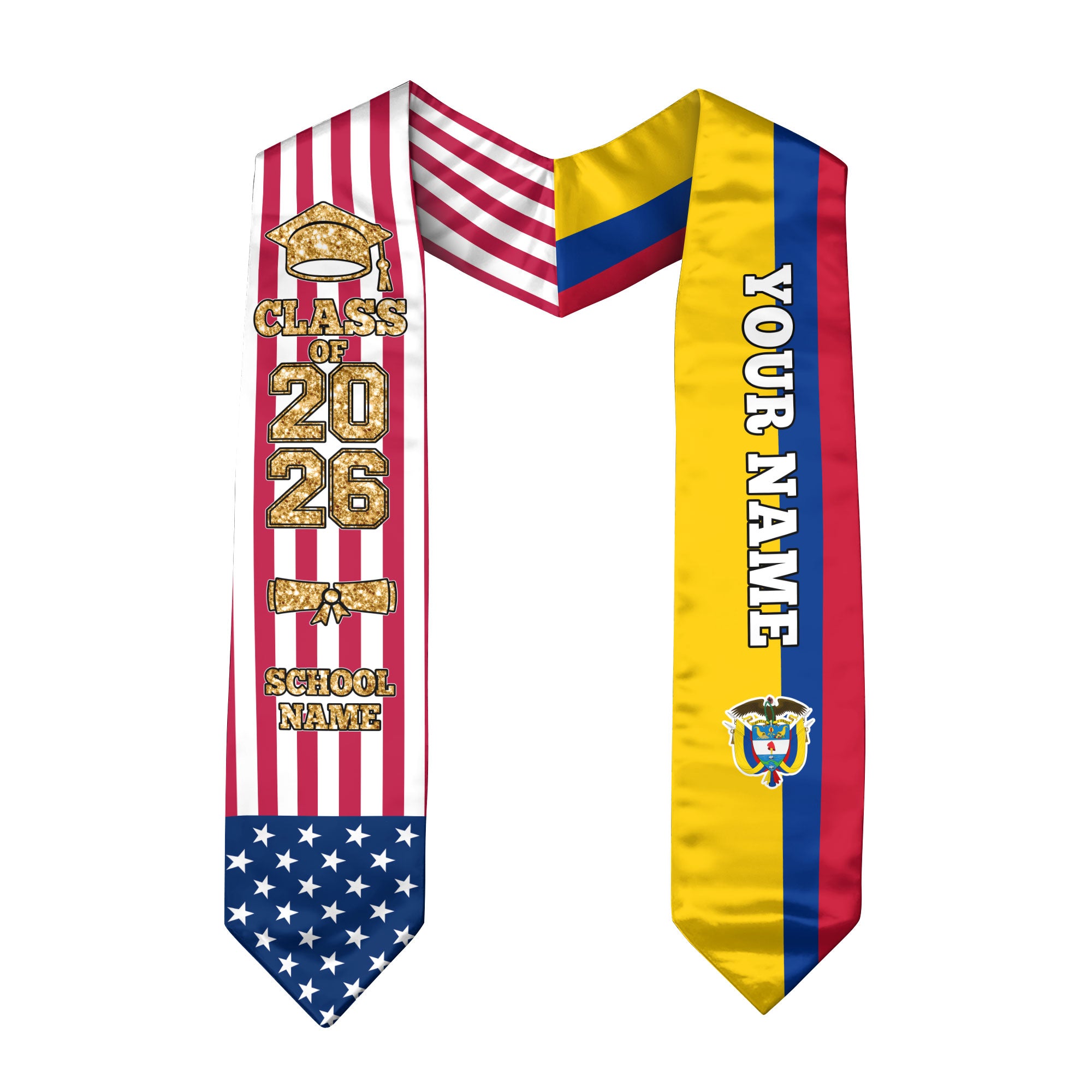 Customized Colombia Graduation Stole Featuring Colombian Flag Accent, Graduation Sash 2026, Class of 2026