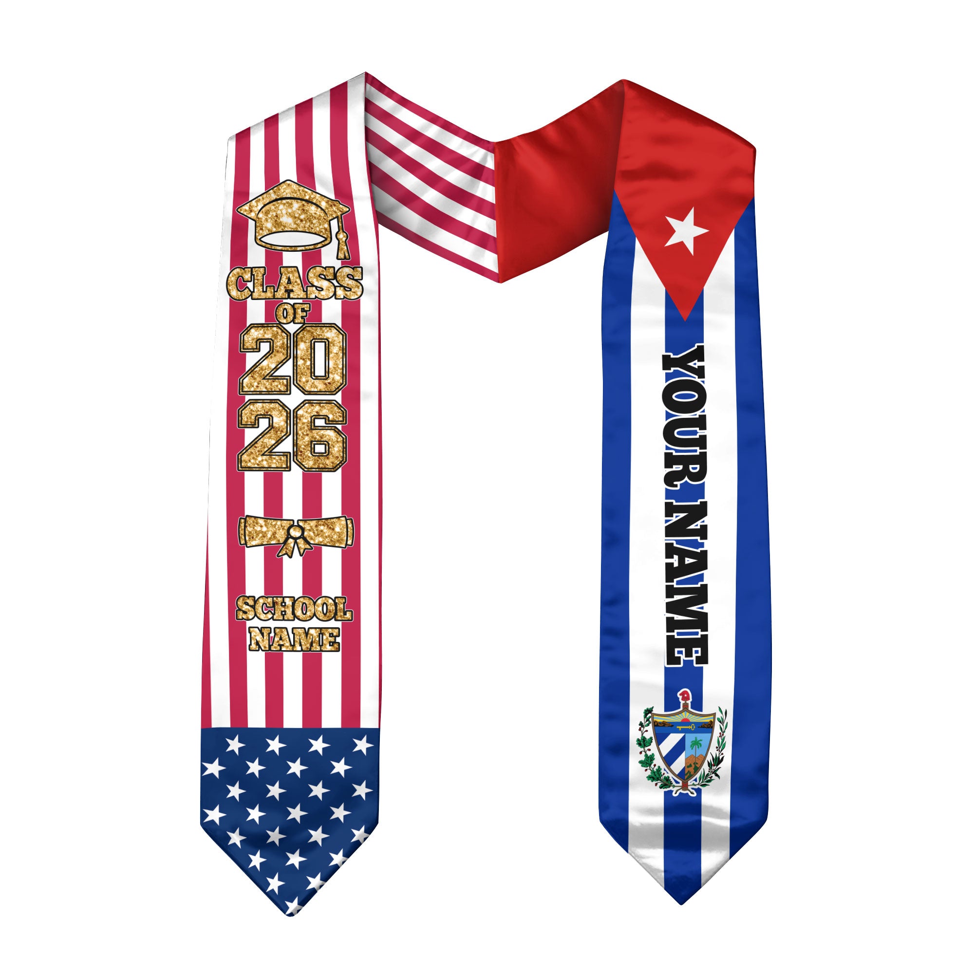 Customized Cuba Graduation Stole with Cuban Flag Highlight, Graduation Sash 2026, Class of 2026