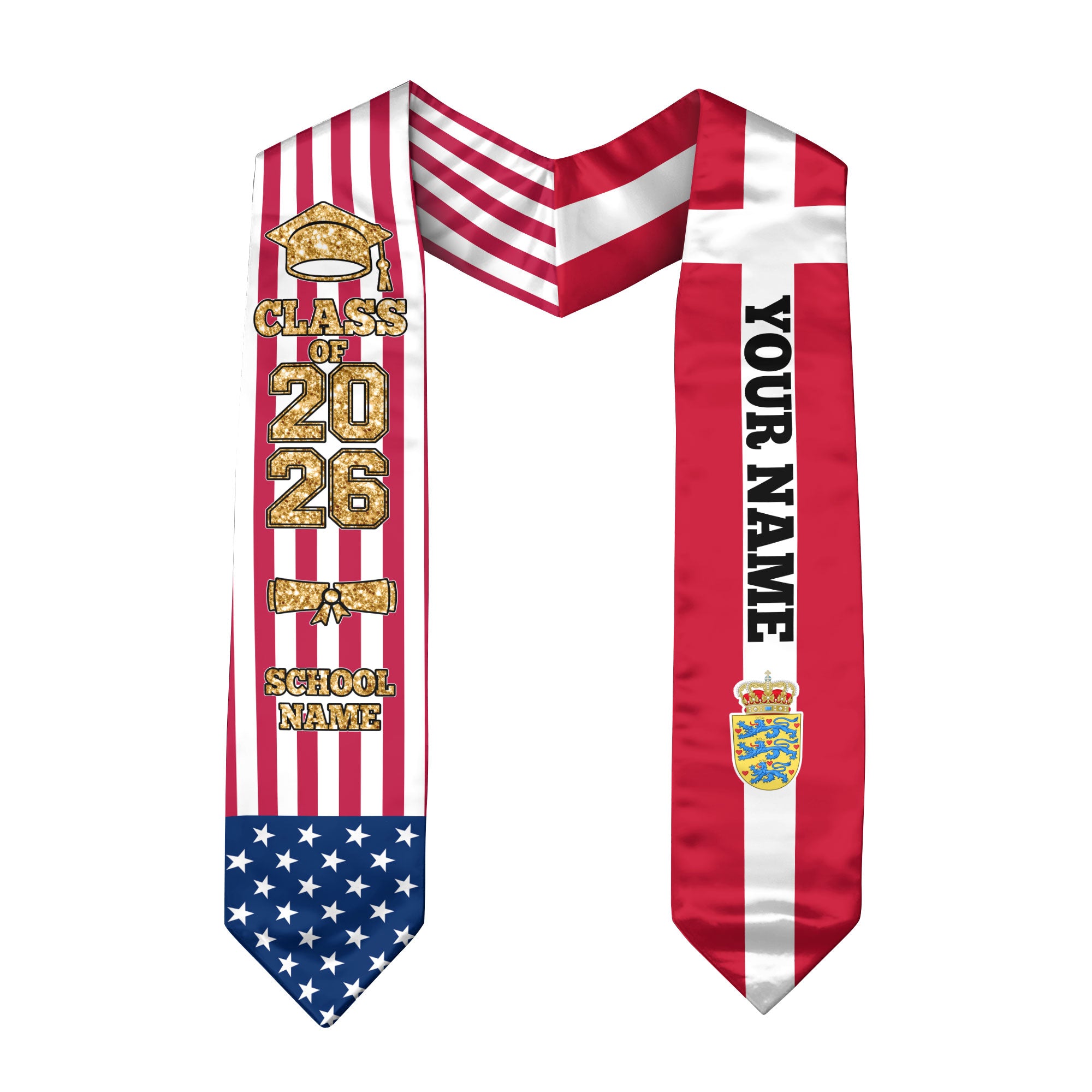 Customized Denmark Graduation Stole Featuring Danish Flag Design, Graduation Sash 2026, Class of 2026