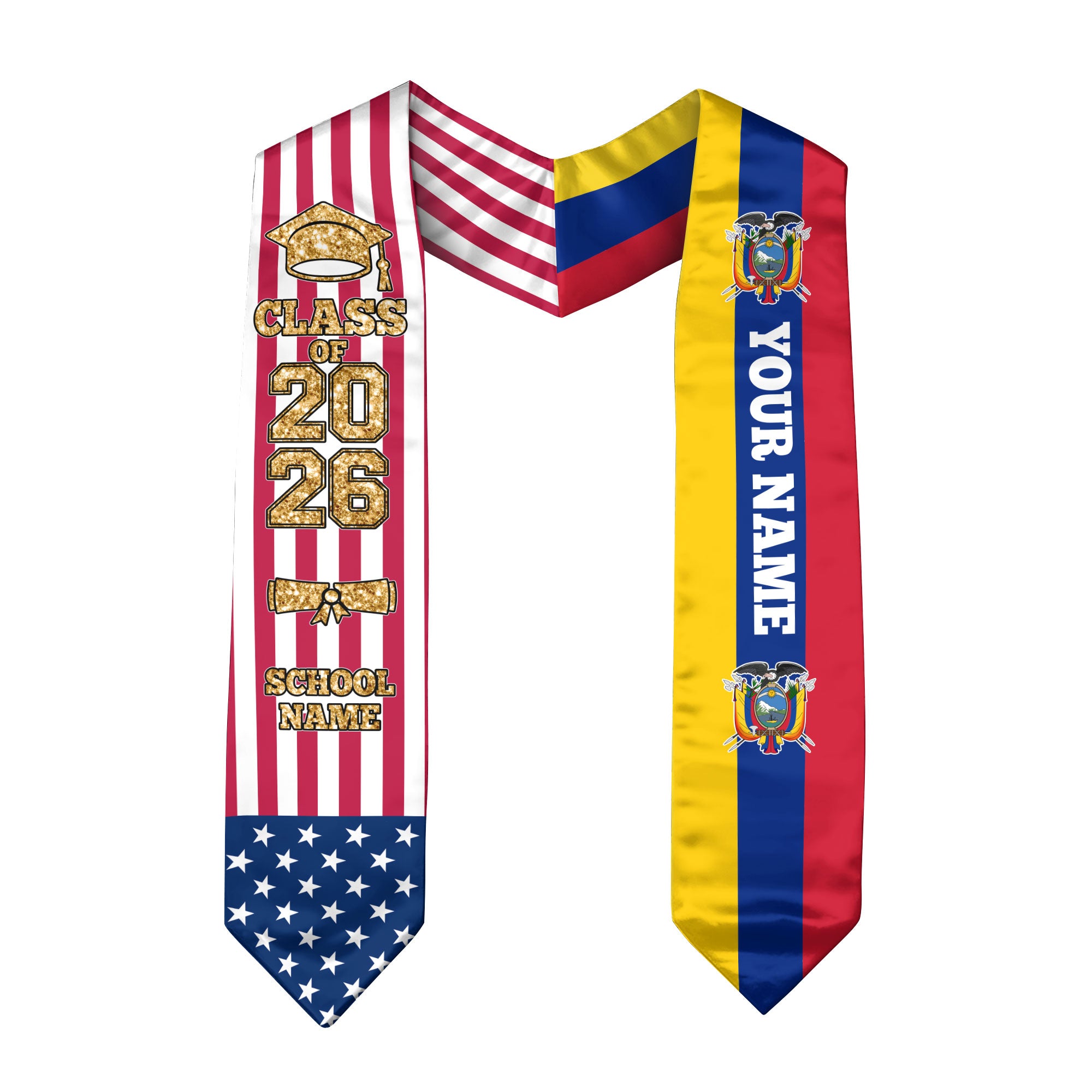 Customized Ecuador Graduation Stole with Ecuadorian Flag Detail, Graduation Sash 2026, Class of 2026