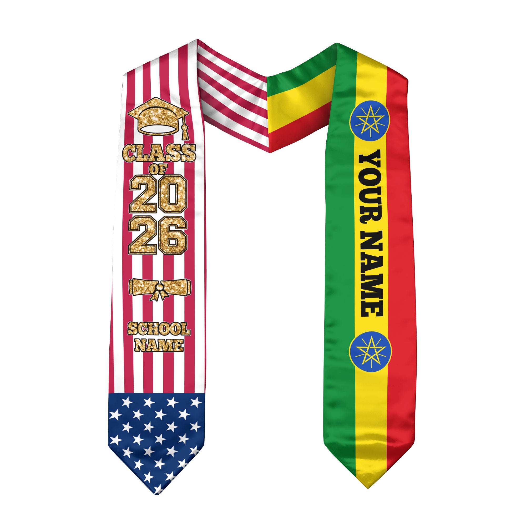 Customized Ethiopia Graduation Stole with Ethiopian Flag Feature, Graduation Sash 2026, Class of 2026