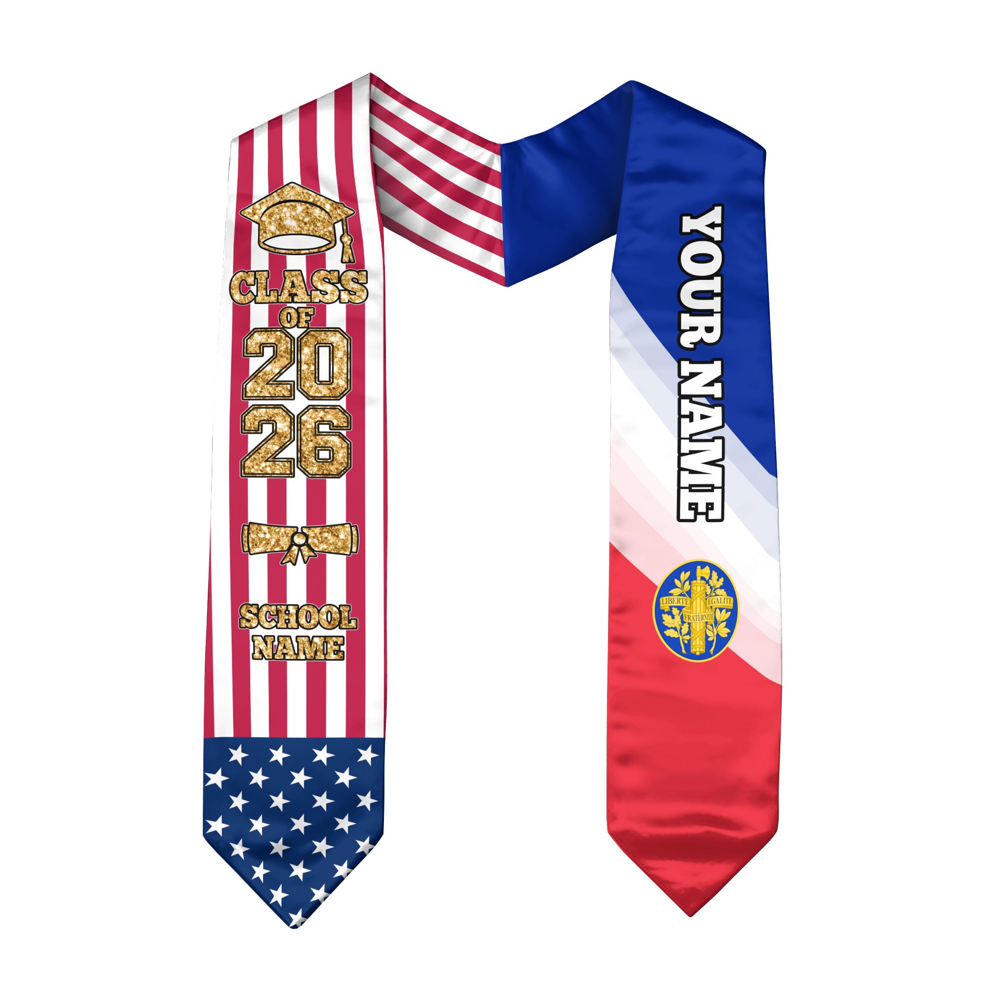Customized France Graduation Stole Featuring French Flag Colors, Graduation Sash 2026, Class of 2026