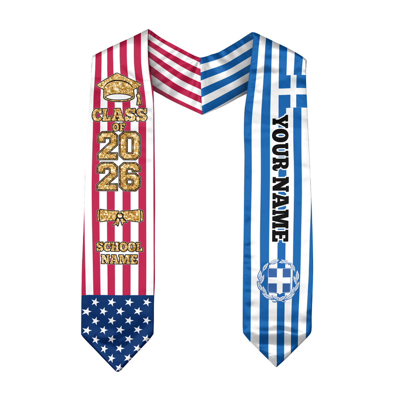 Customized Greece Graduation Stole Featuring Greek Flag Design, Graduation Sash 2026, Class of 2026