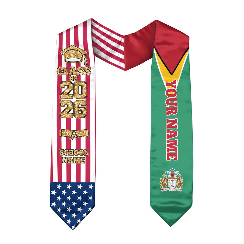 Customized Guyana Graduation Stole Featuring National Flag Accent, Graduation Sash 2026, Class of 2026