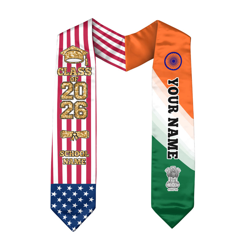 Customized India Graduation Stole Featuring Indian Flag Colors, Graduation Sash 2026, Class of 2026