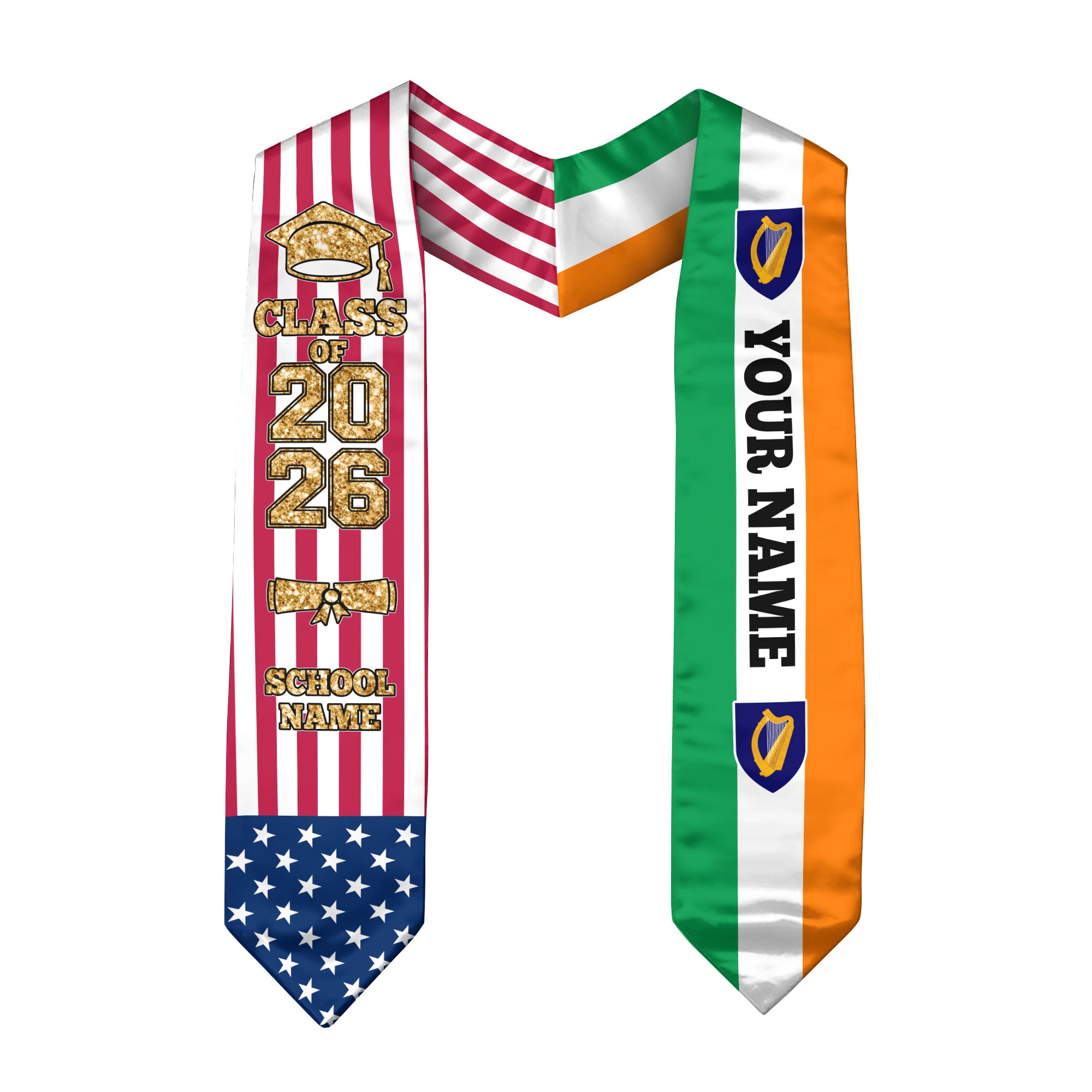 Customized Ireland Graduation Stole with Irish Flag Detail, Graduation Sash 2026, Class of 2026