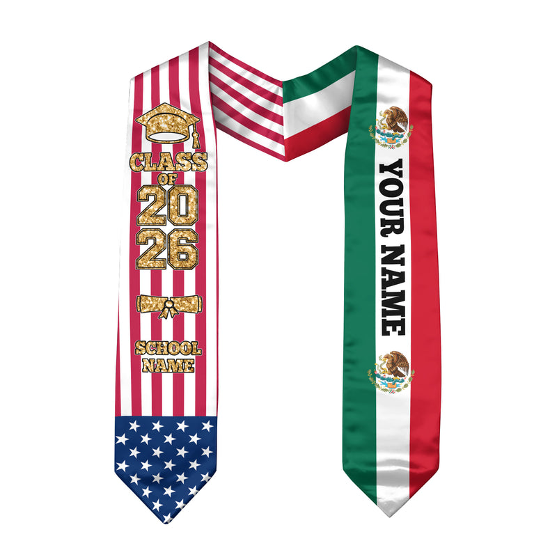 Customized Mexico Graduation Stole with Mexican Flag Accent, Graduation Sash 2026, Class of 2026
