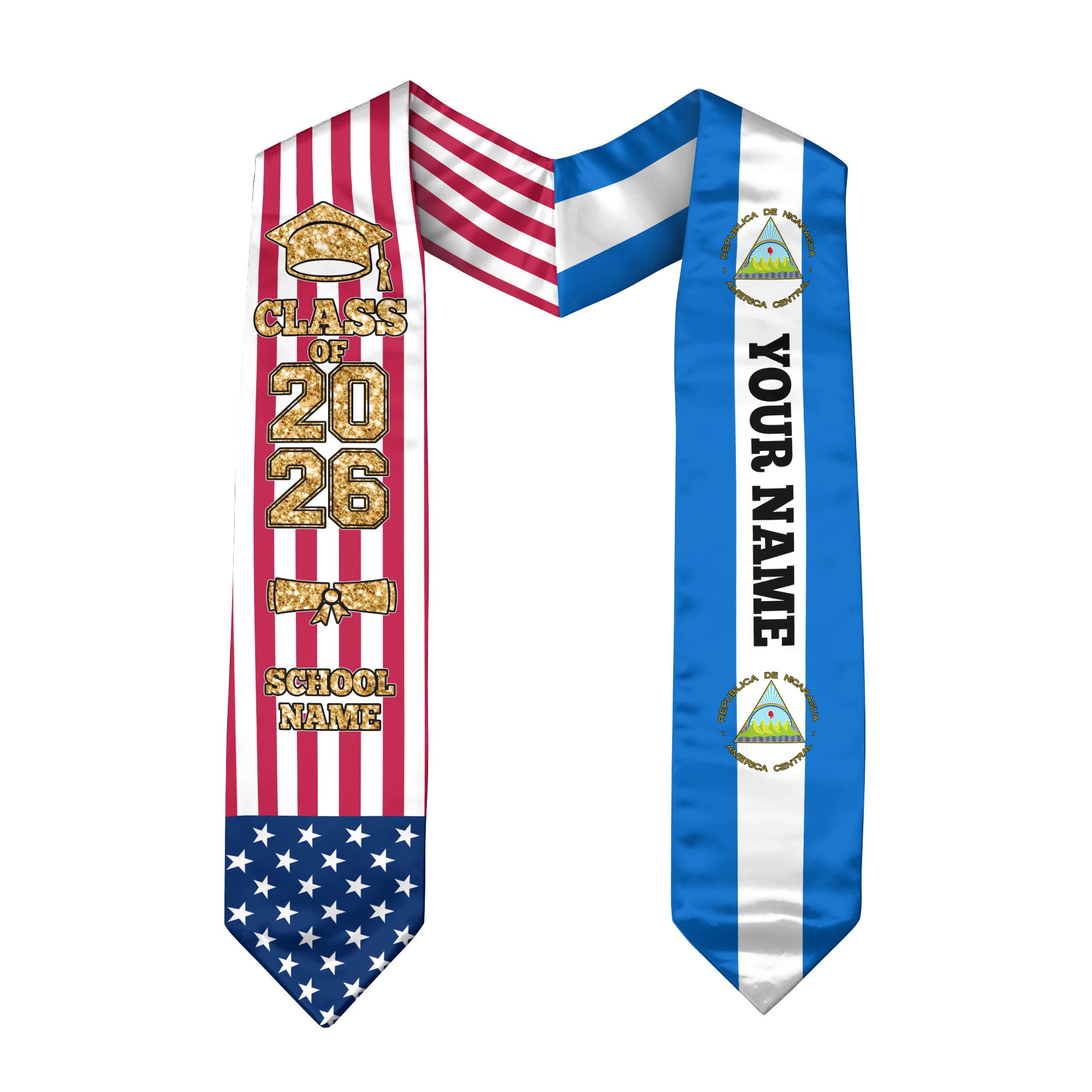 Customized Nicaragua Graduation Stole Featuring National Flag Accent, Graduation Sash 2026