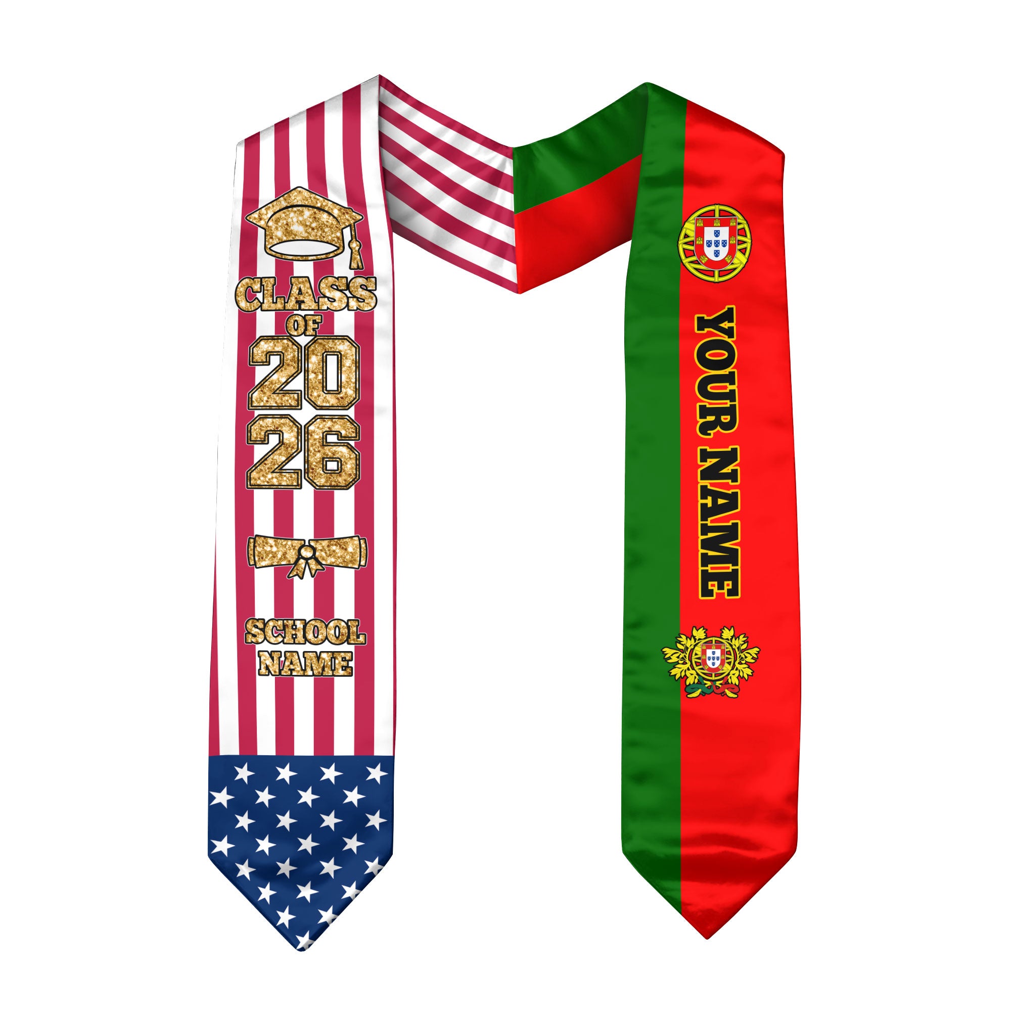 Customized Portugal Graduation Stole Featuring Portuguese Flag Accent, Graduation Sash 2026, Class of 2026