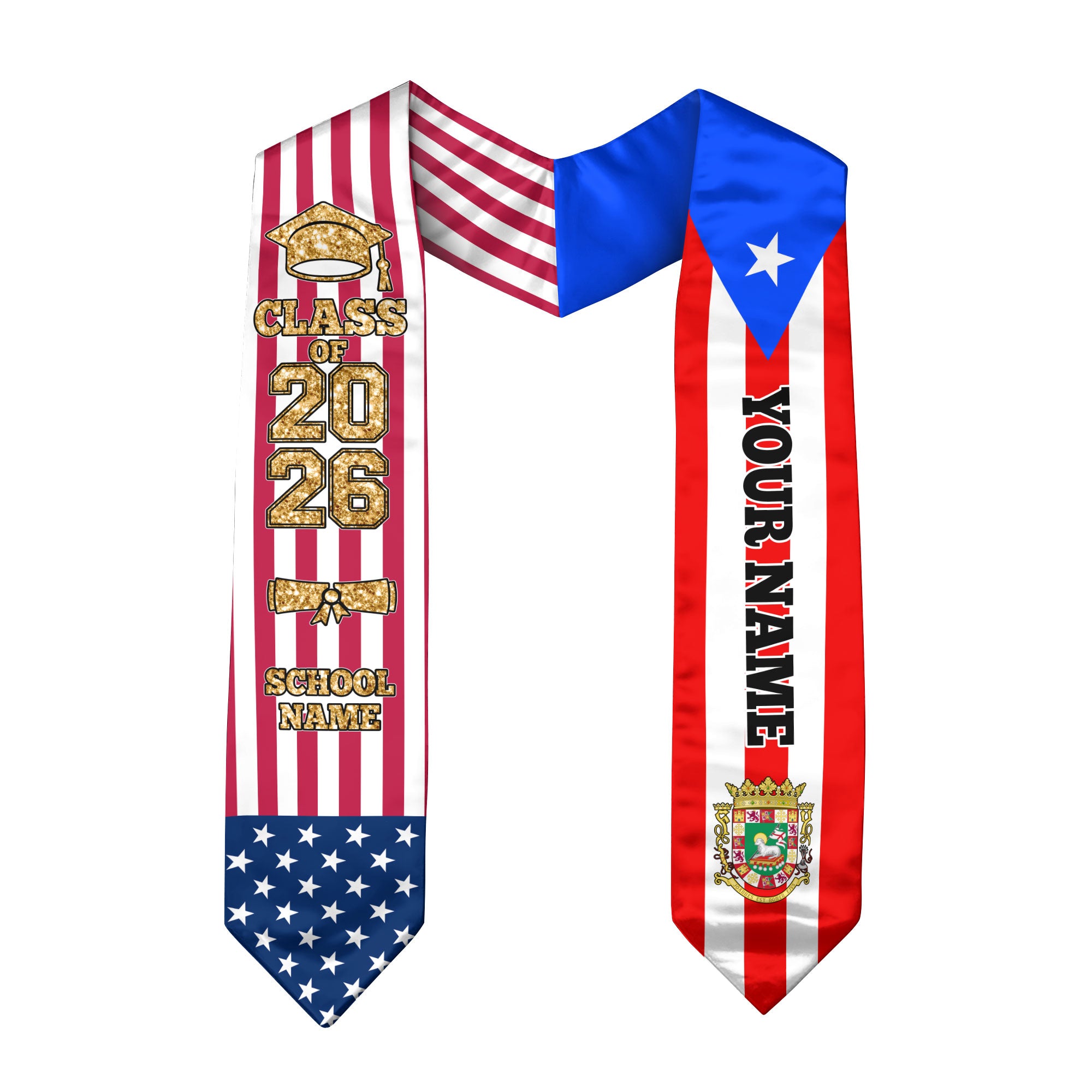 Customized Puerto Rico Graduation Stole with Island Flag Highlight, Graduation Sash 2026, Class of 2026