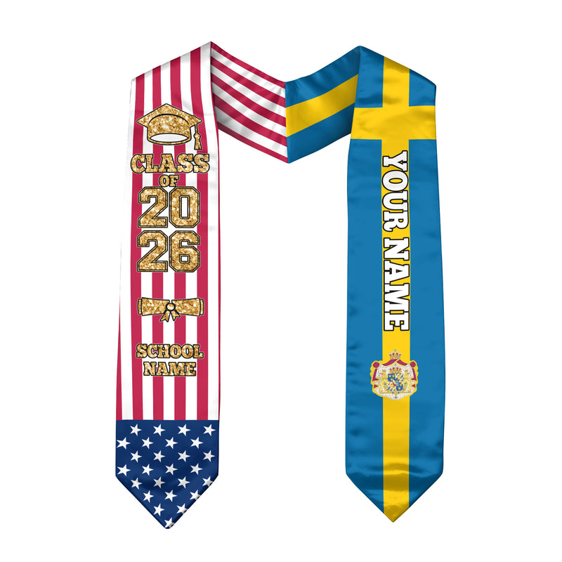 Customized Sweden Graduation Stole with Swedish Flag Feature, Graduation Sash 2026, Class of 2026