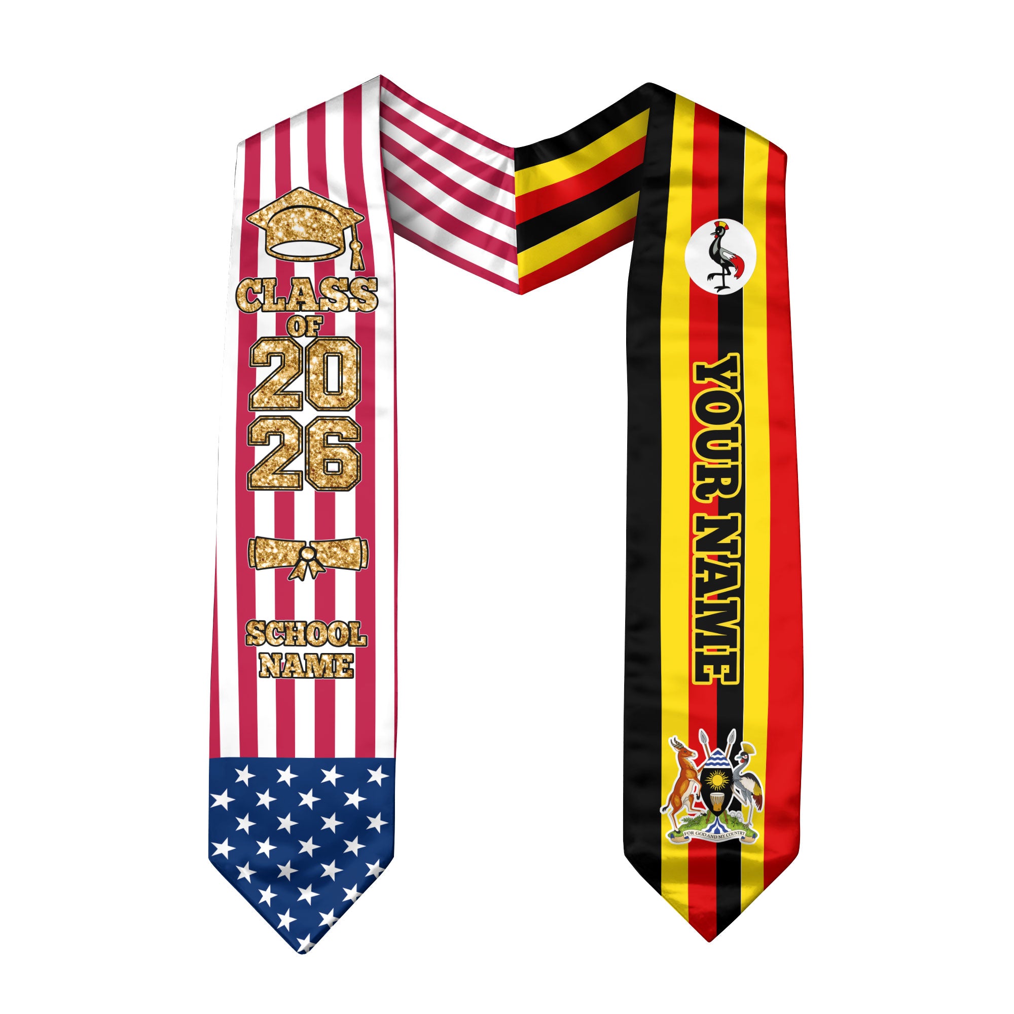 Customized Uganda Graduation Stole with Ugandan Flag Detail, Graduation Sash 2026, Class of 2026