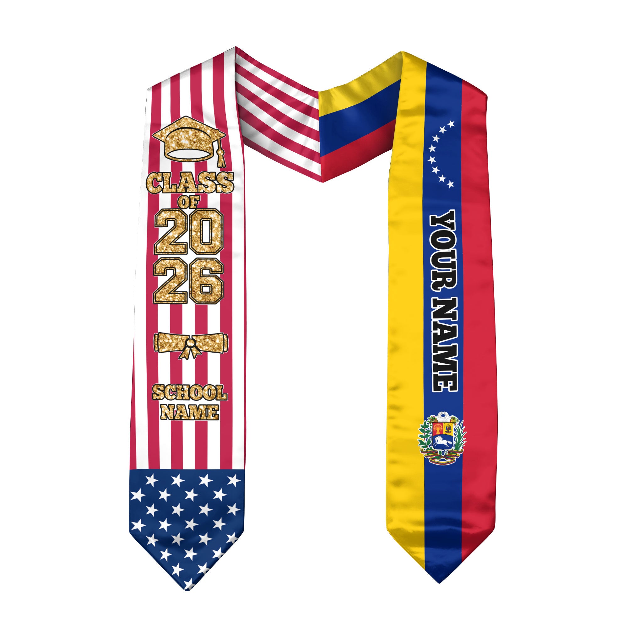 Customized Venezuela Graduation Stole with Venezuelan Flag Accent, Graduation Sash 2026, Class of 2026