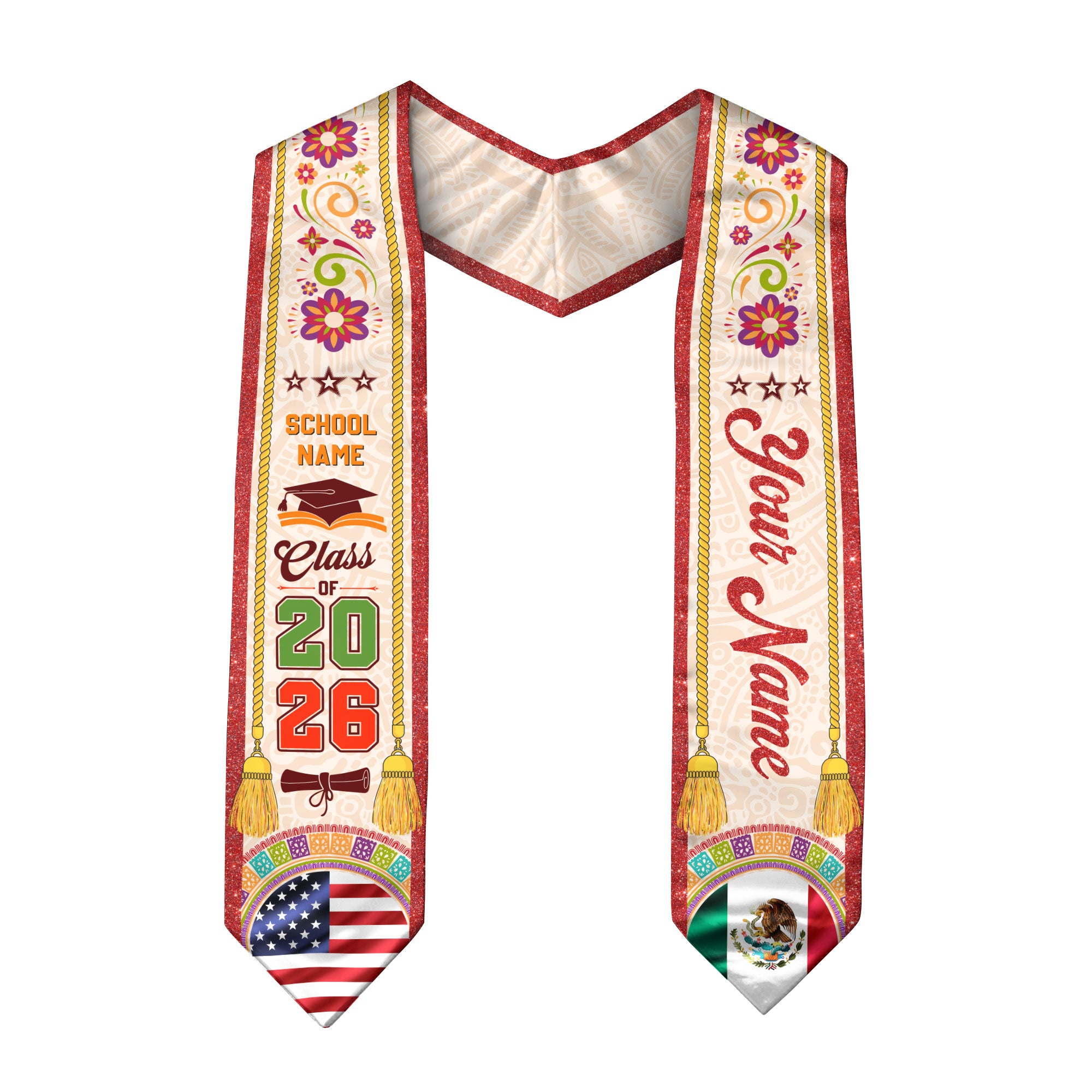 Customizable Mexico Graduation Stole 2026, Mexican Stole, Mexican American Flag Sash