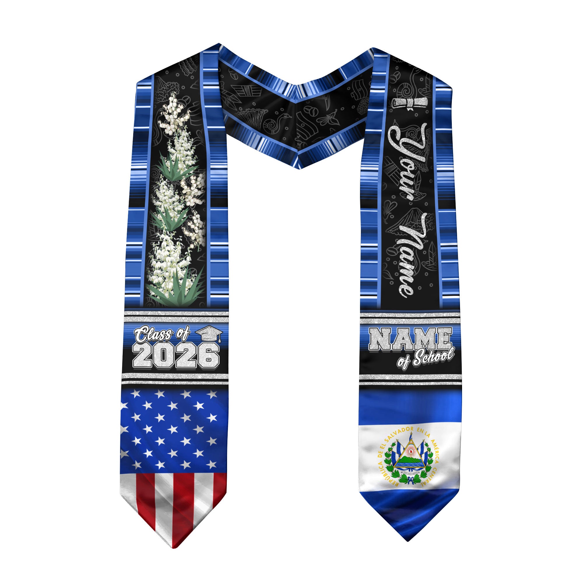El Salvador Graduation Stole 2026, Salvadoran Flag Sash, Graduation Stole with Custom Accent