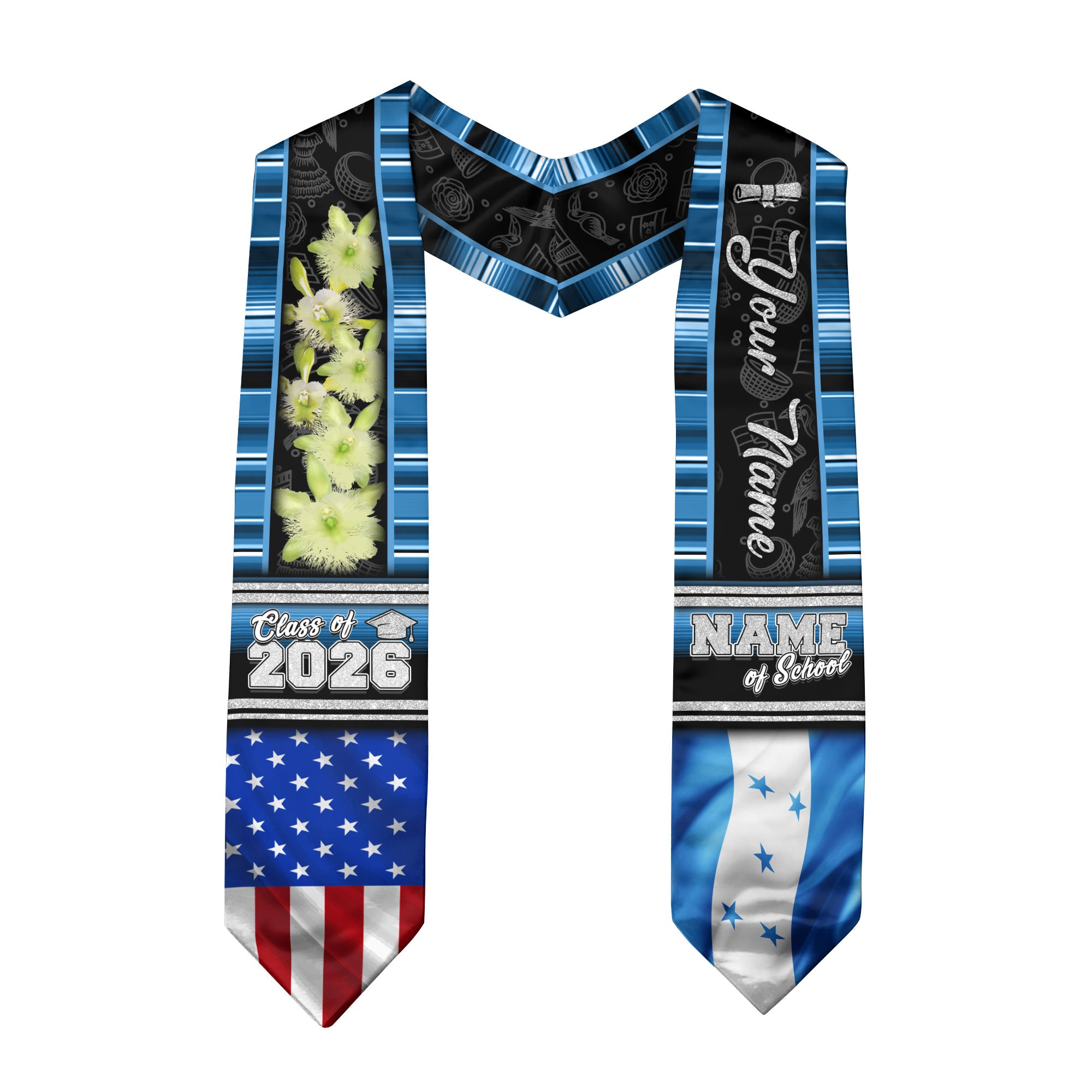 Honduras Graduation Stole 2026, Honduran Flag Sash, Graduation Stole with Custom Accent