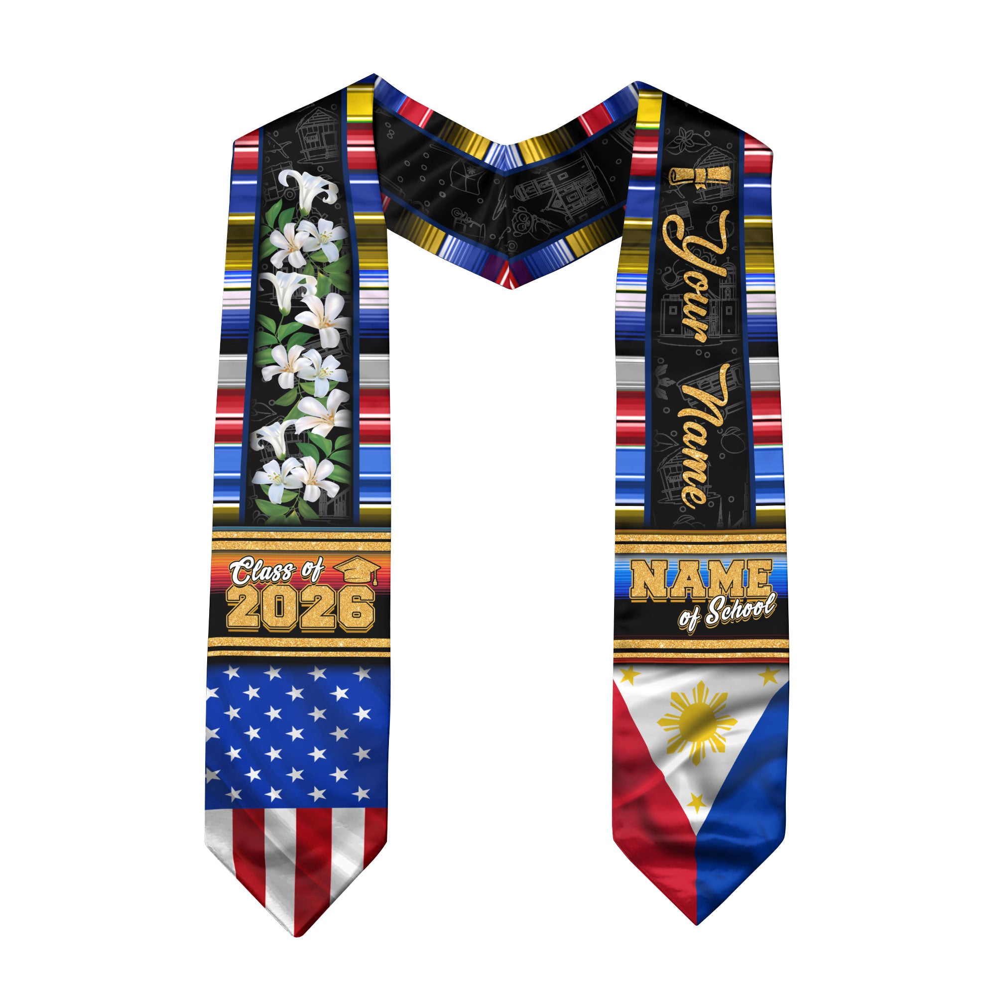 Philippines Graduation Stole 2026, Filipino Flag Sash, Graduation Stole with Custom Accent