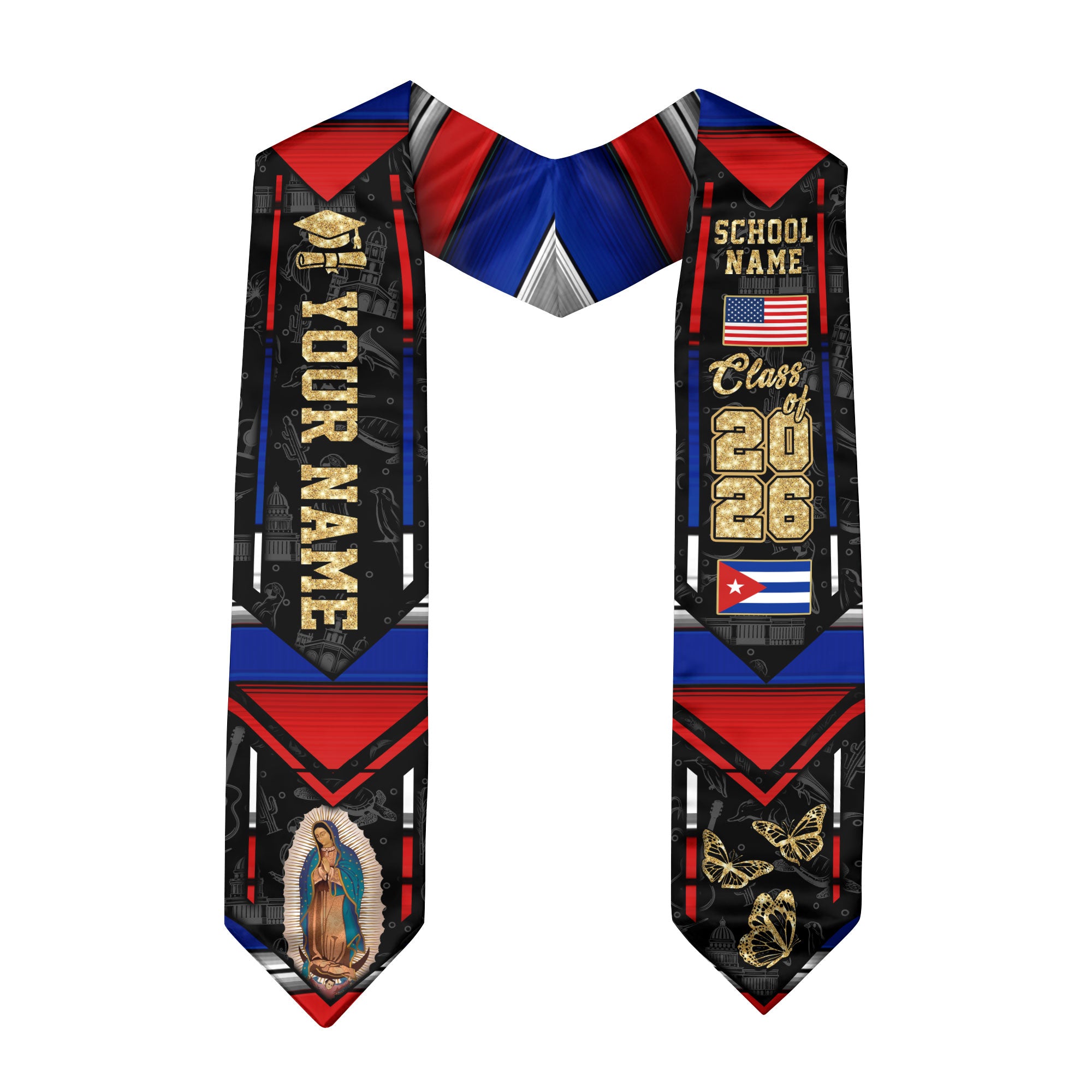 Cuban Flag Graduation Sash 2026, Cuba Graduation Stole, Customizable Detail Stole 2026