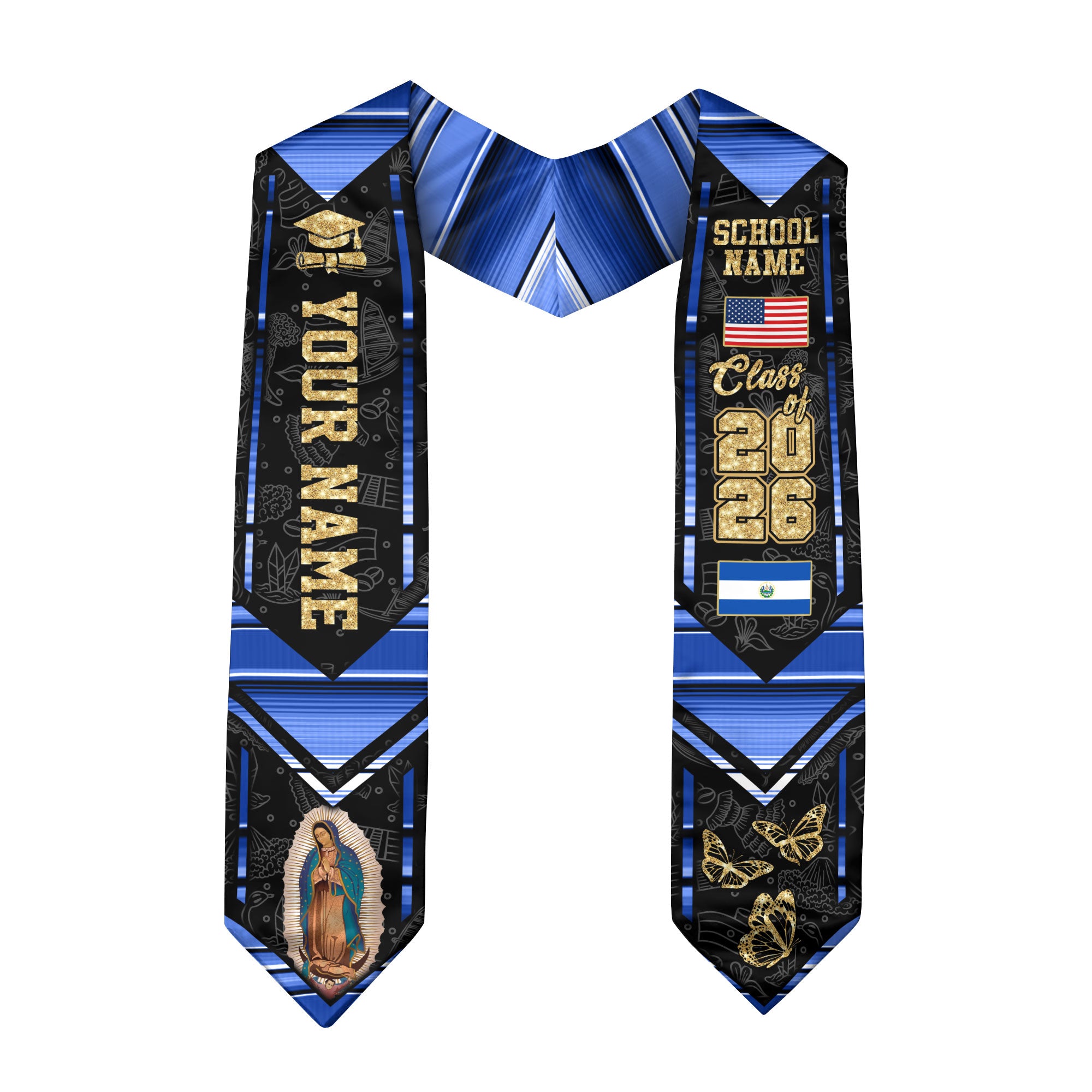 Salvadoran Flag Graduation Sash 2026, El Salvador Graduation Stole, Customizable Detail