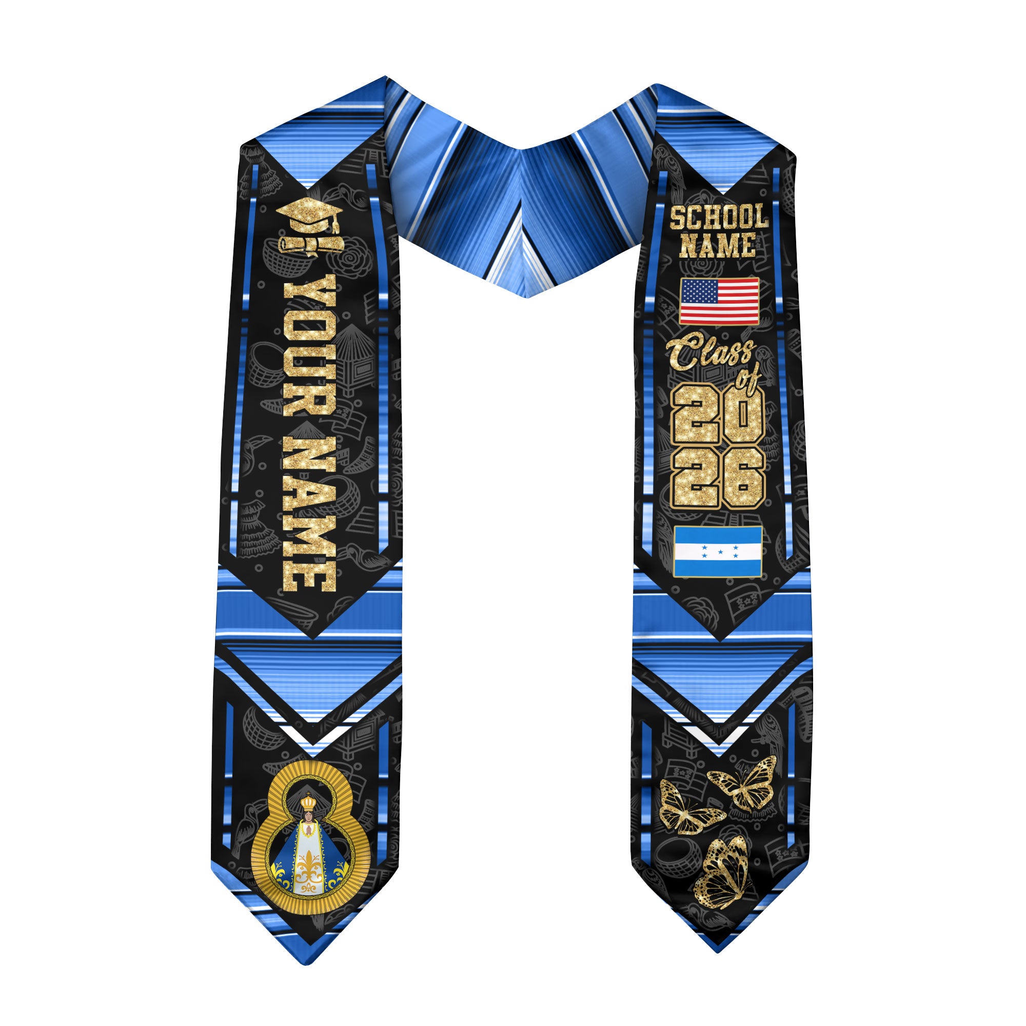 Honduran Flag Graduation Sash 2026, Honduras Graduation Stole, Customizable Detail Stole