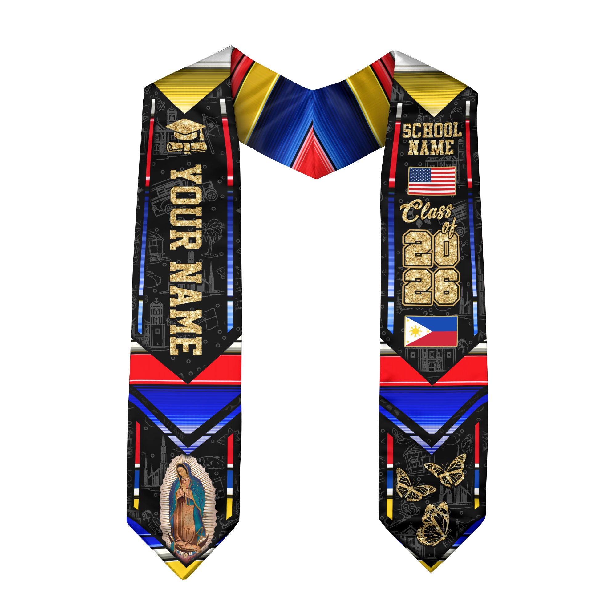 Filipino Flag Graduation Sash 2026, Philippines Graduation Stole, Customizable Detail Stole