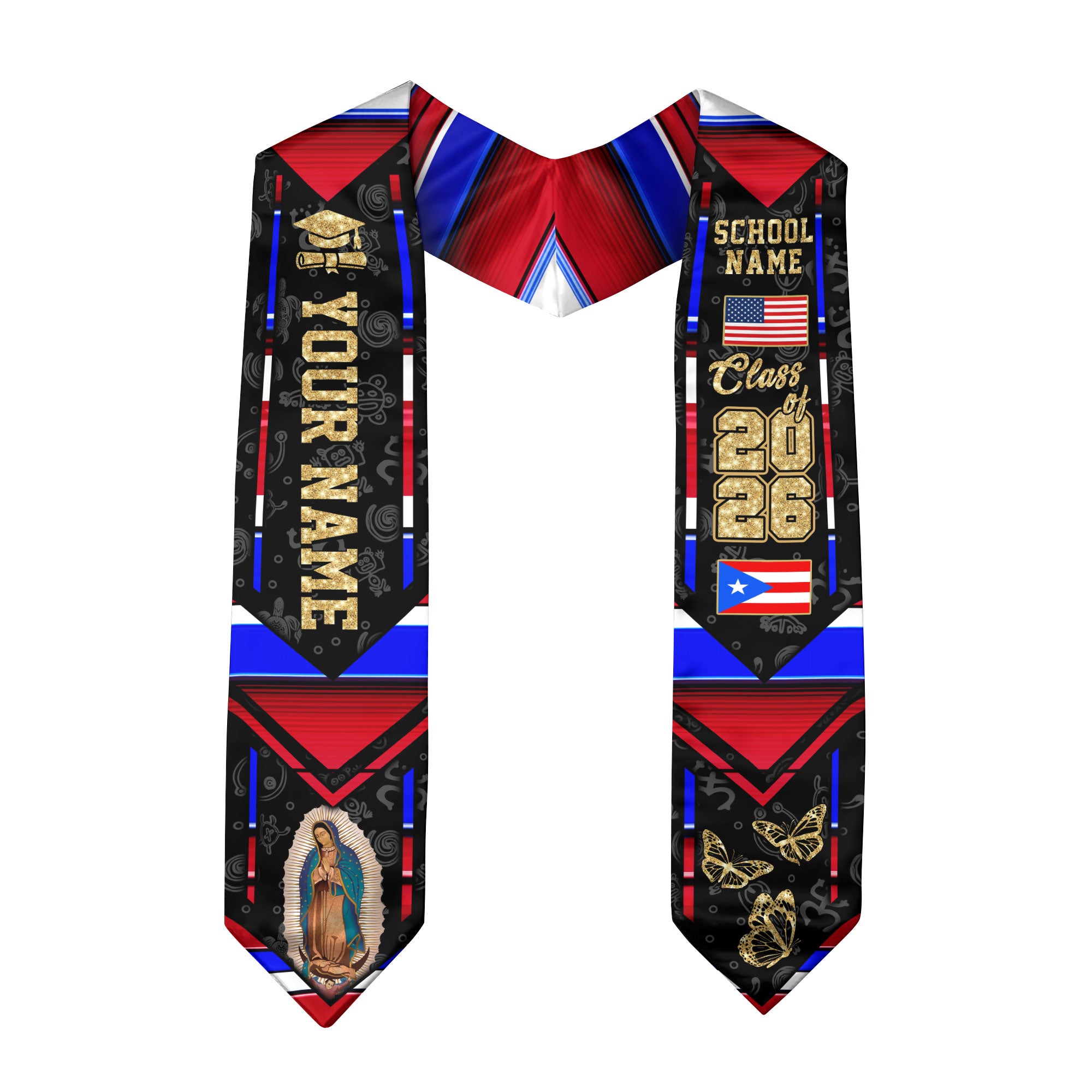 Puerto Rican Flag Graduation Sash 2026, Puerto Rico Graduation Stole, Customizable Detail