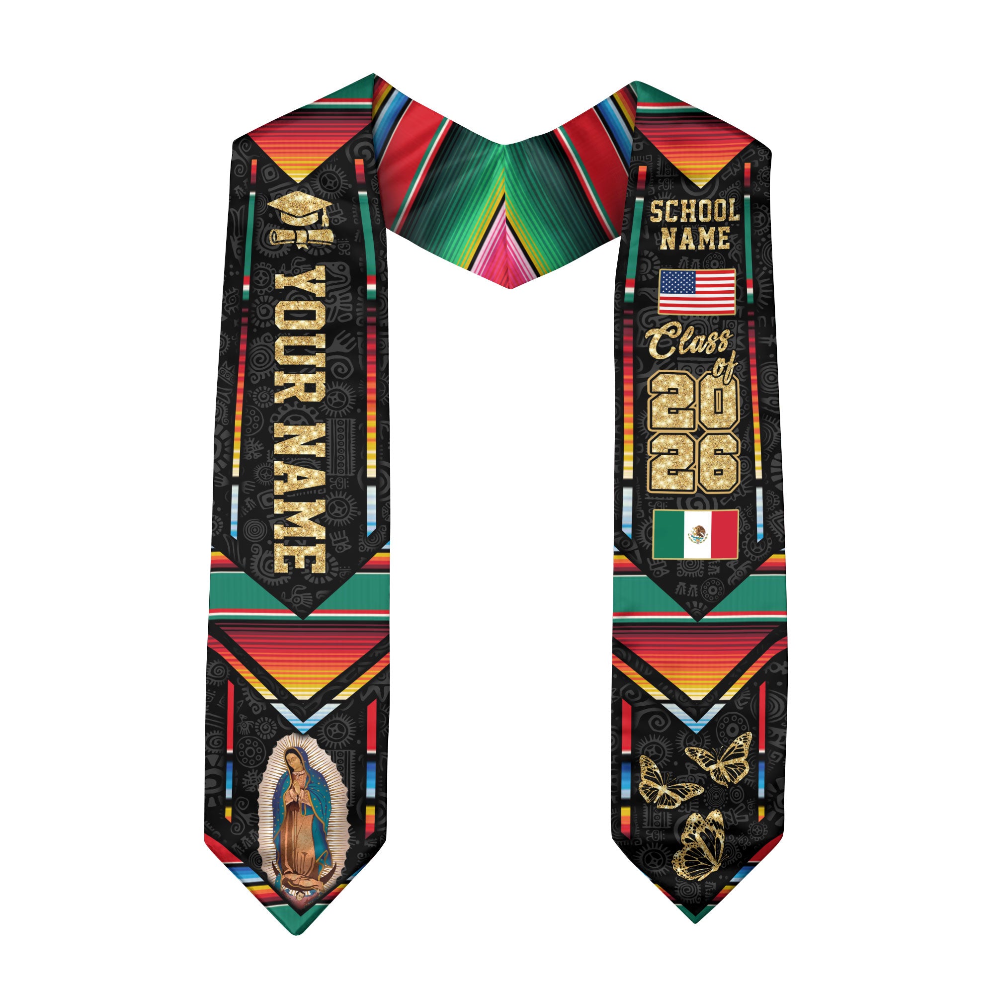 Mexican Flag Graduation Sash 2026, Mexico Graduation Stole, Customizable Detail Stole