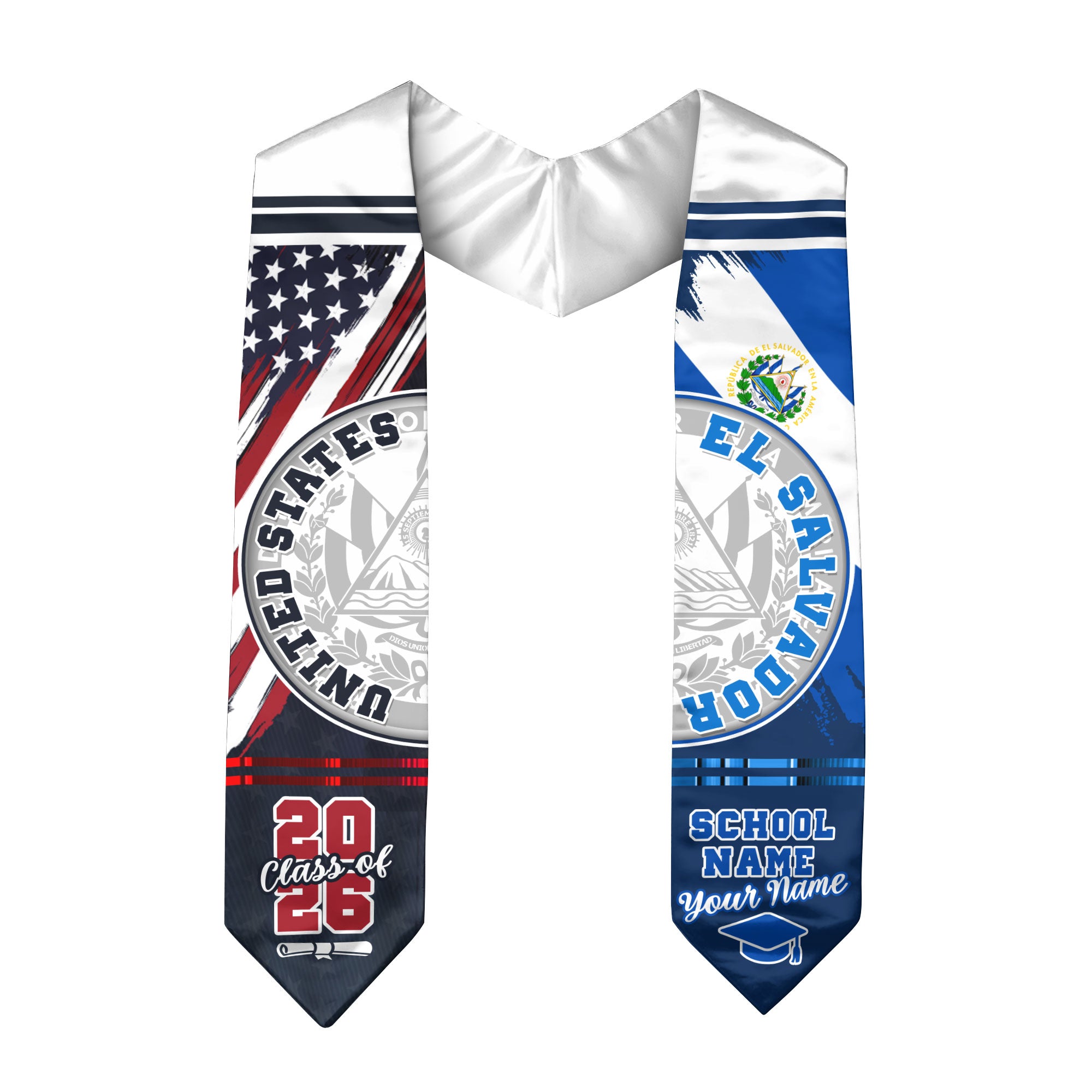 El Salvador Flag Graduation Stole 2026, Salvadoran Grad Sash, Graduation Stole Custom Details