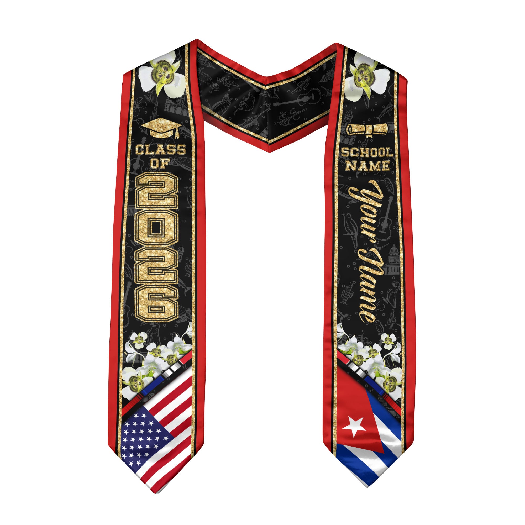Cuba Graduation Stole 2026, Cuban Flag Sash, Custom Accent Graduation Stole for Class of 2026