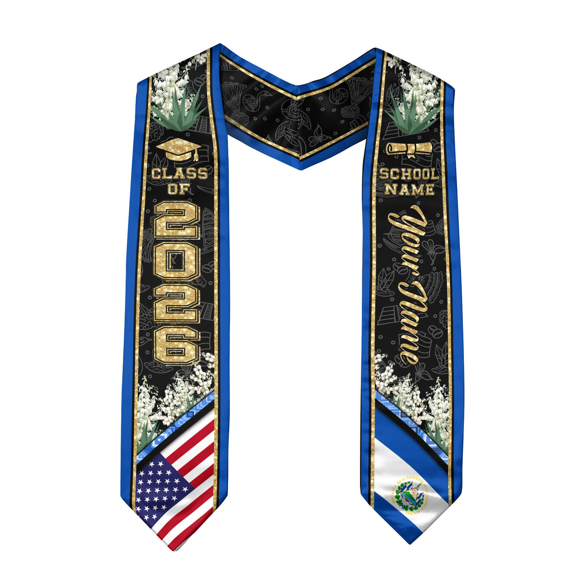 El Salvador Graduation Stole 2026, El Salvador Flag Sash, Custom Accent for Class of 2026