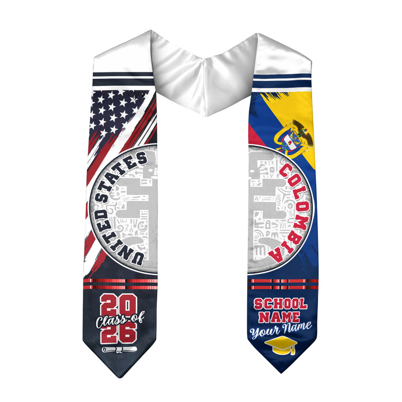 Colombia Flag Graduation Stole 2026, Colombian Grad Sash, Graduation Stole with Custom Details