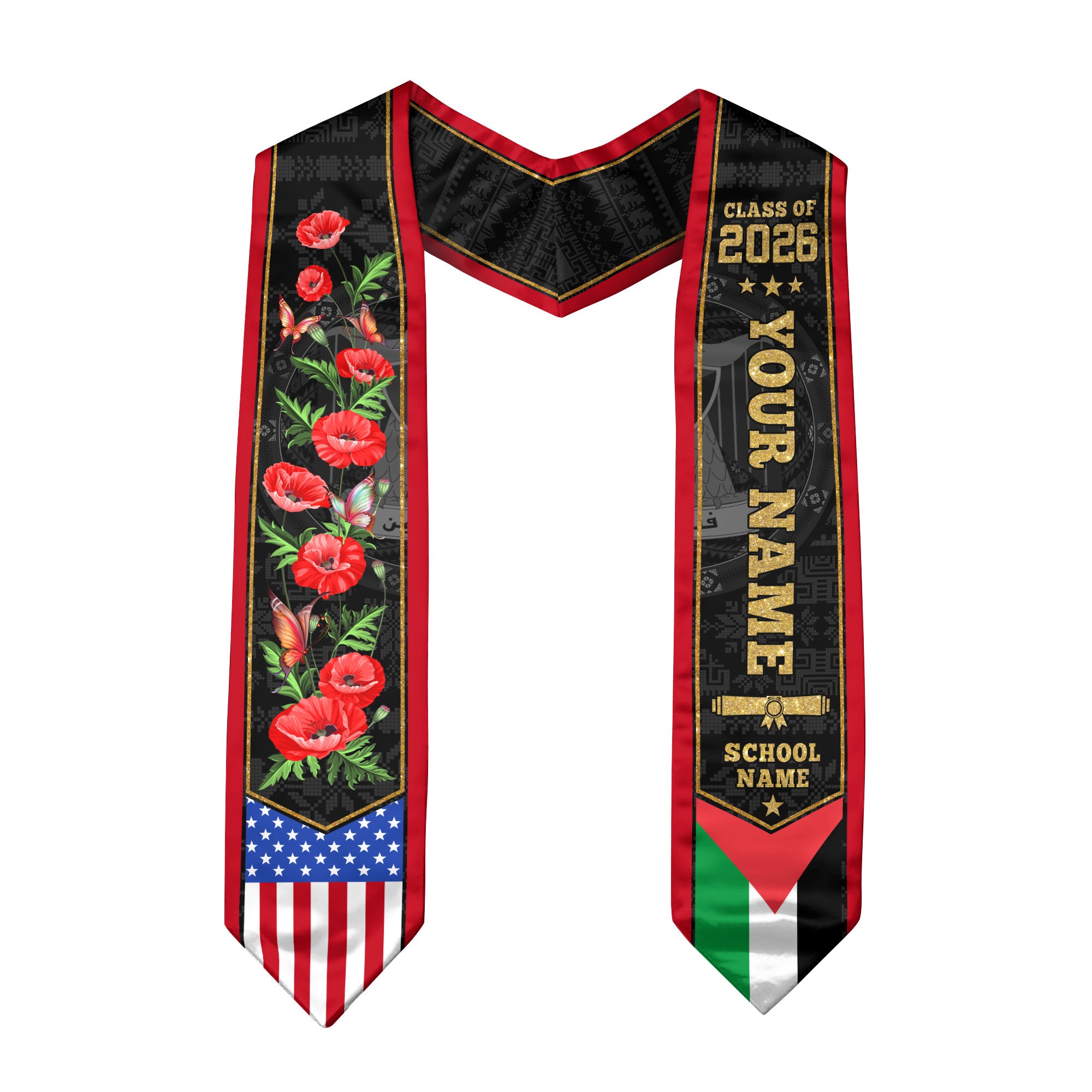Palestine Graduation Stole 2026, Palestinian Flag Sash, Graduation Stole with Custom Accent