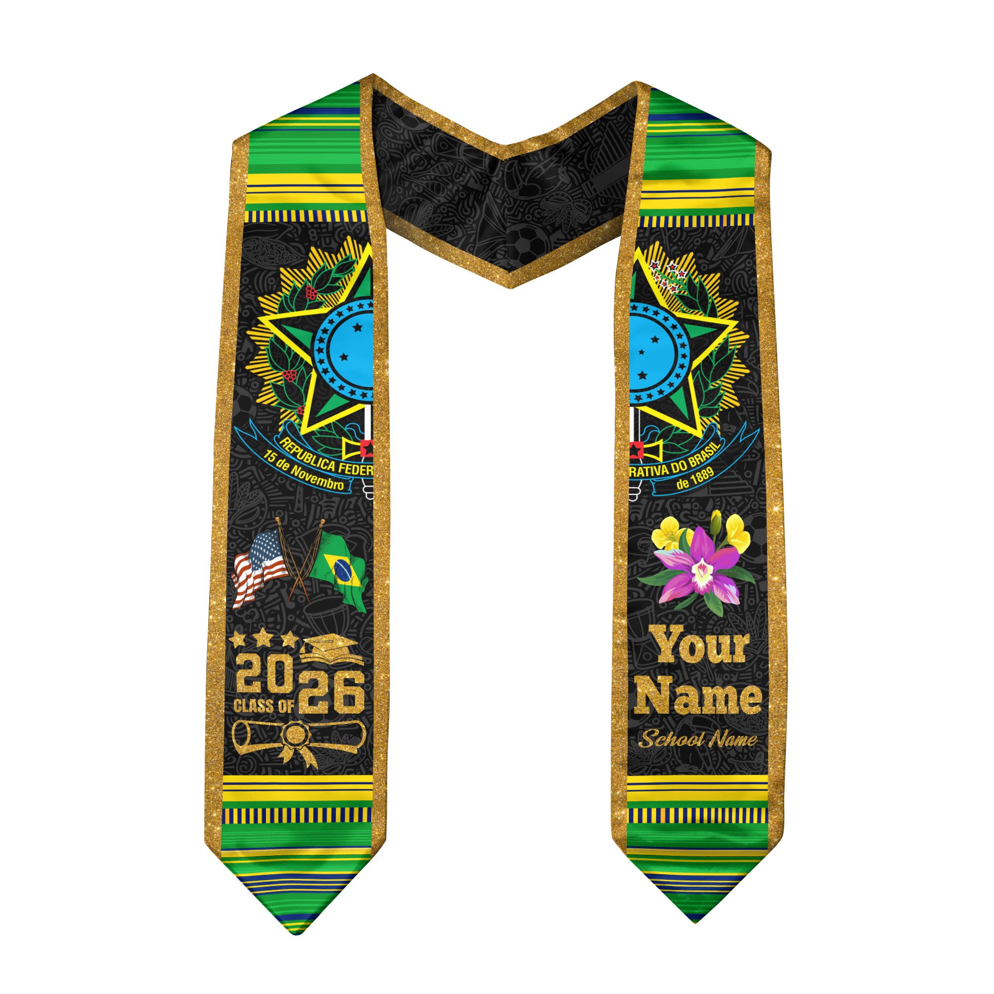 Brazilian Flag Graduation Sash 2026, Brazil Graduation Stole, Custom Graduation Stole