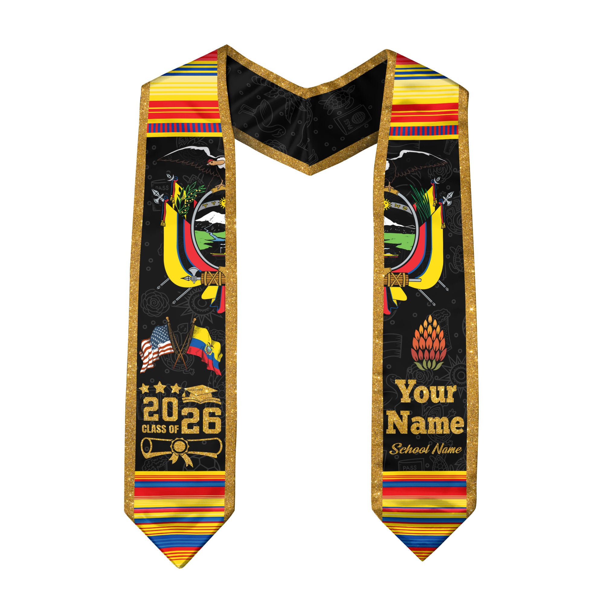 Ecuadorian Flag Graduation Sash 2026, Ecuador Graduation Stole, Custom Graduation Stole