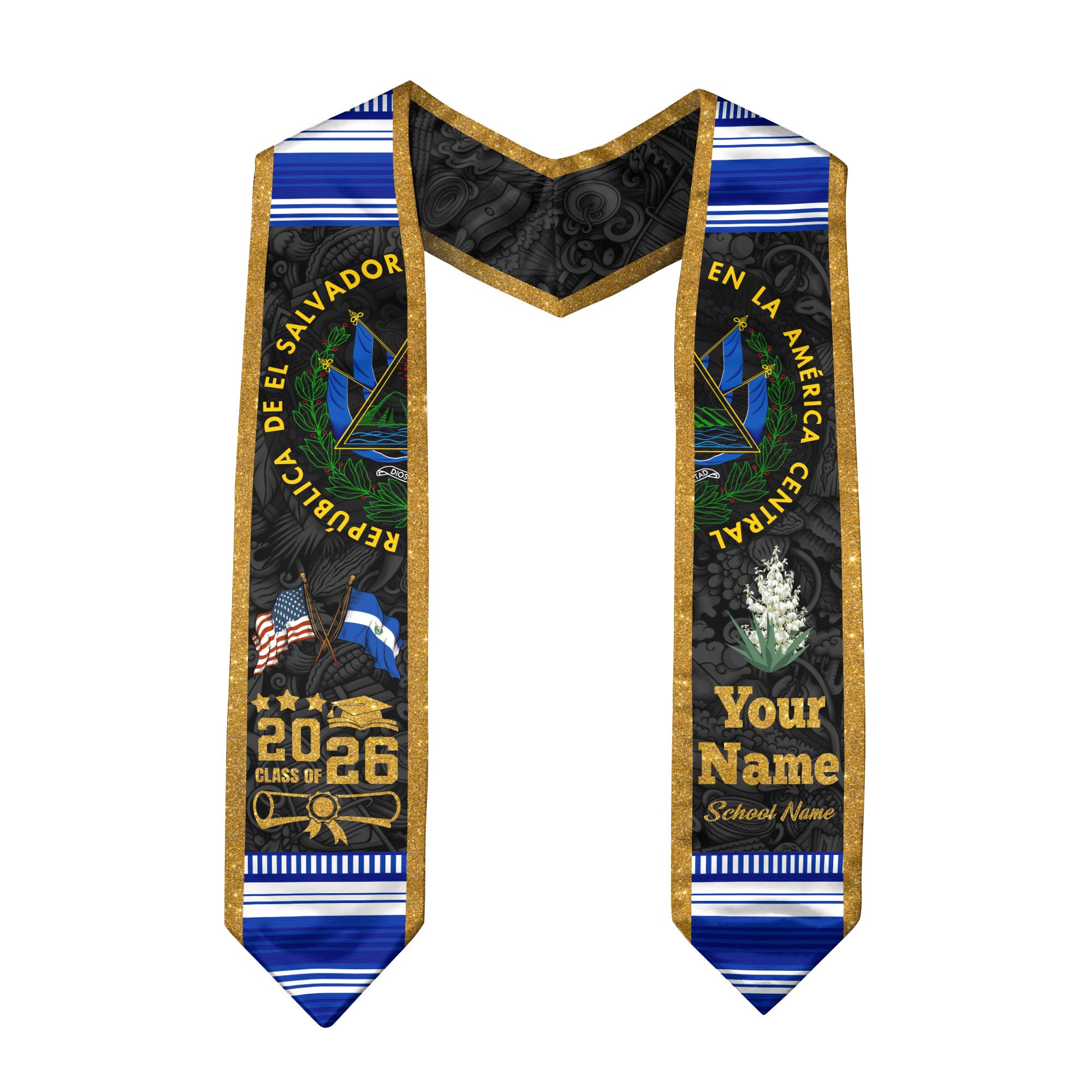 Salvadoran Flag Graduation Sash 2026, El Salvador Stole for Graduates, Grad Stole
